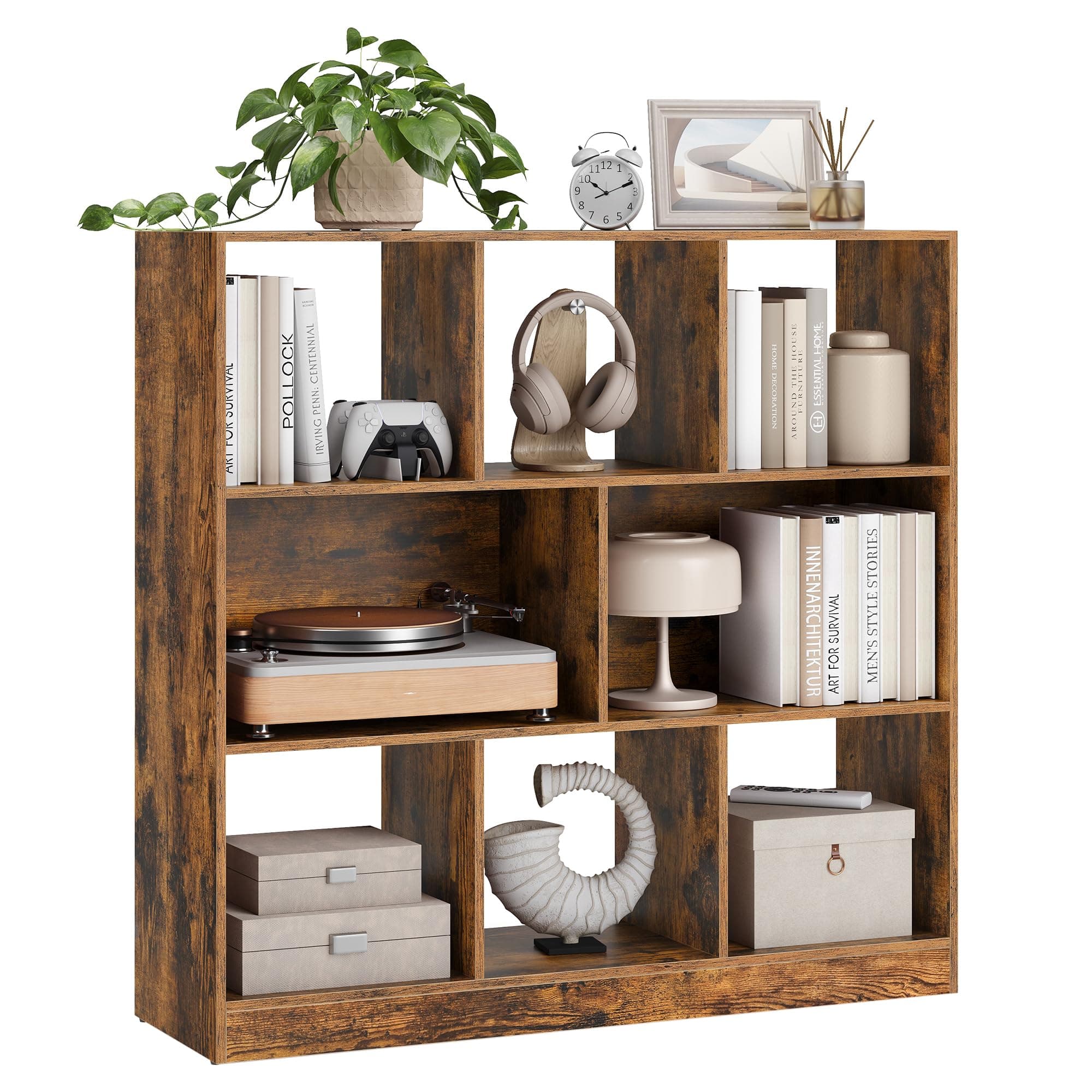 VASAGLE Bücherregal, Regal, Würfelregal, Standregal, 8 offene Fächer, horizontal, vertikal oder kopfüber verwendbar, 30 x 97,5 x 100 cm, für Wohnzimmer, Arbeitszimmer, Büro, vintagebraun LBC52BX