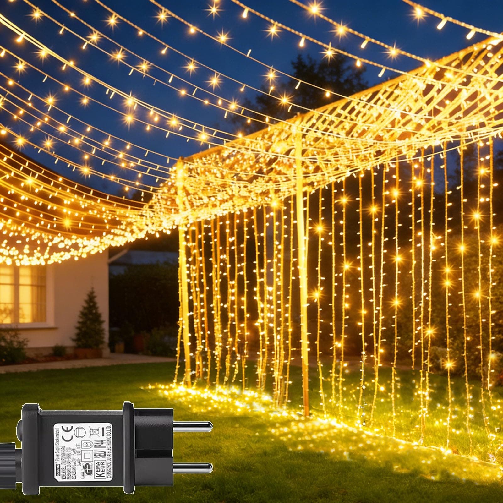 yowin Cortina de Luces 600 LED 6mx3m Luces Navidad con Enchufe, Temporizador, 8 Modos Impermeable Cascada Luces para Exterior Balcon Jardín Terraza Escaparates Interior Decoración - Blanco Cálido