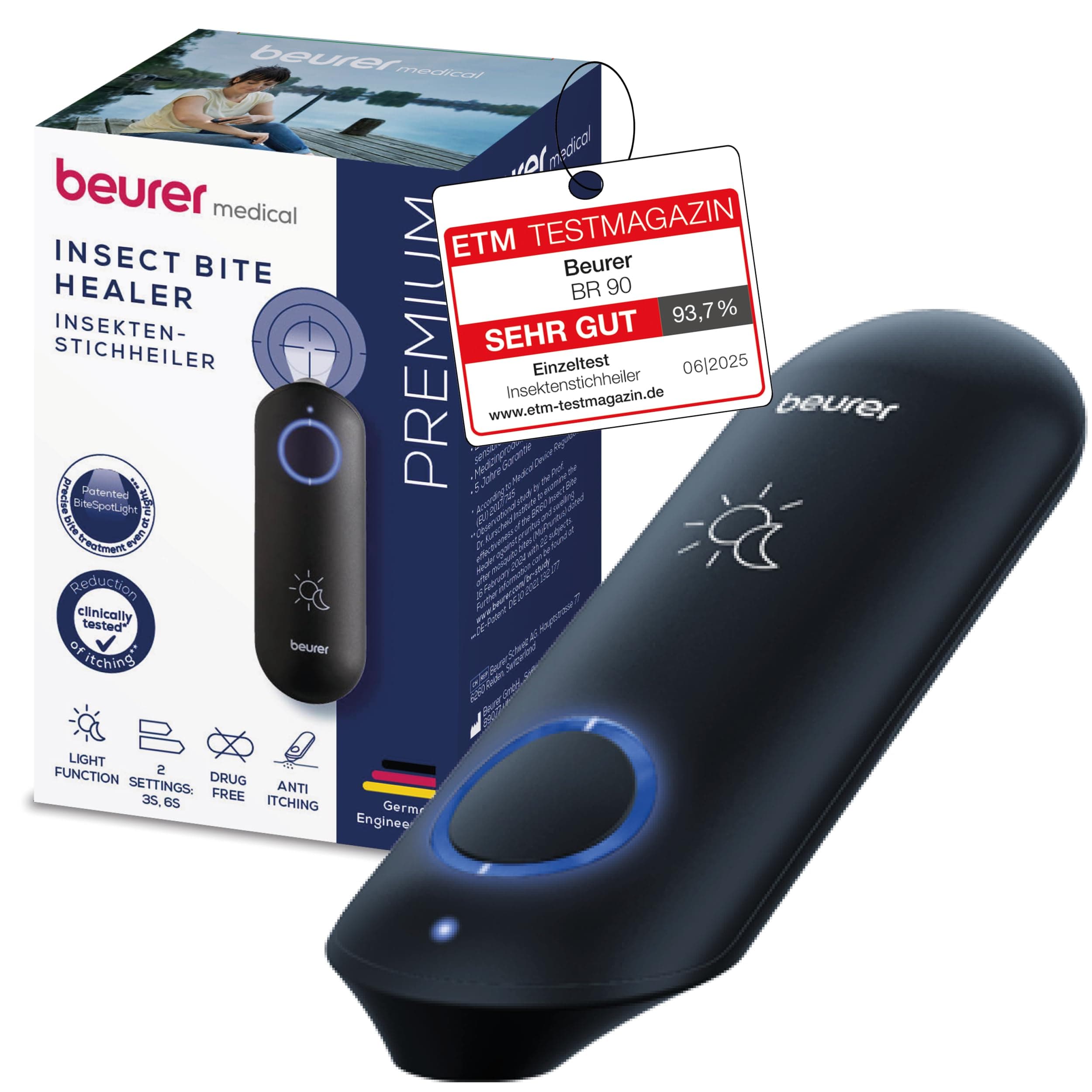 Beurer BR 90 Dopopuntura Giorno&Notte con Luce LED, Post Punture di Zanzare e Morsi d'Insetto senza Additivi Chimici, Allevia Prurito e Gonfiore grazie al calore localizzato, Nero