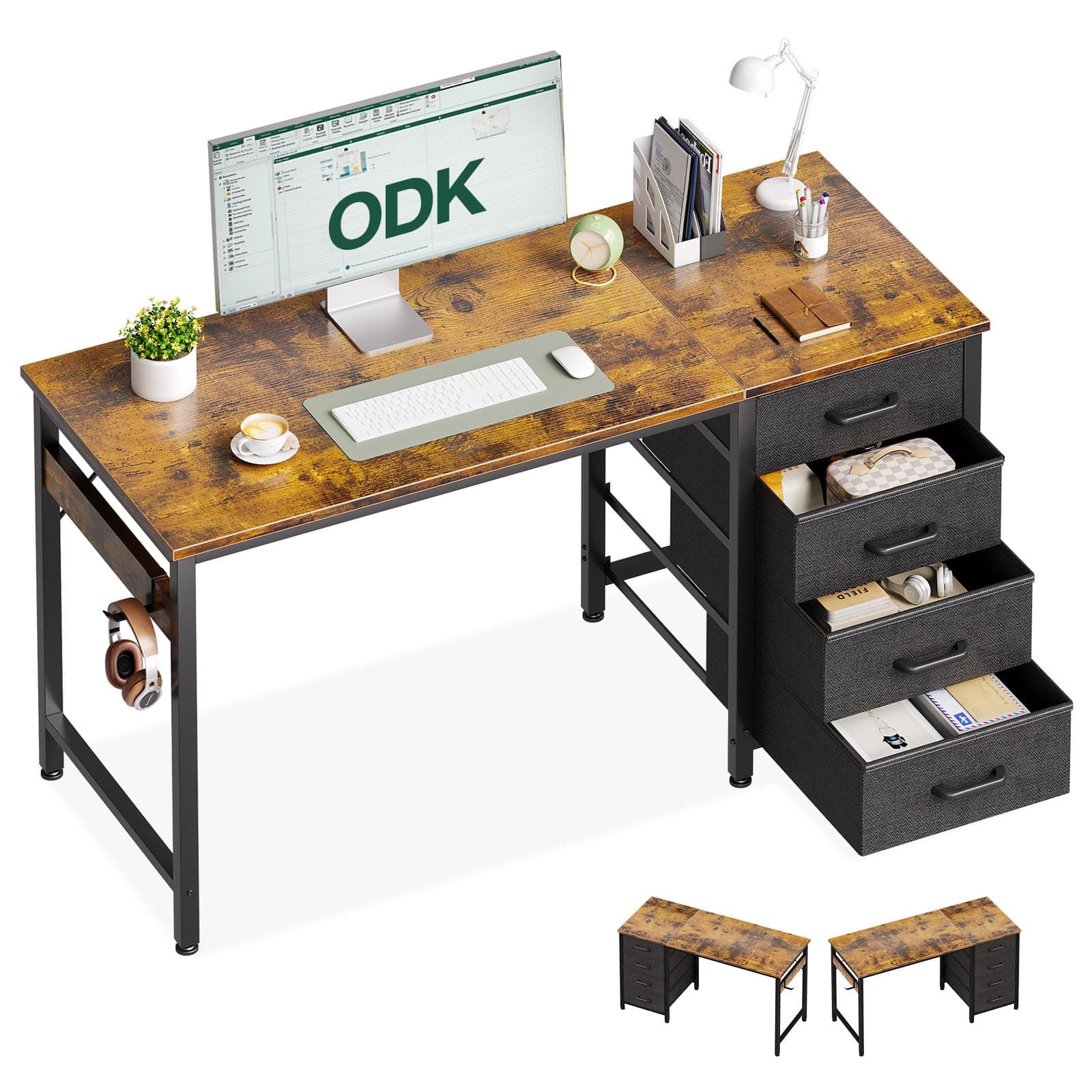 ODK Escritorio con 4 Cajones de Tela, 120x48cm Mesa Escritorio Ordenador Reversible con Gancho para Auriculares, Escritorio de Estudio para Oficinas Hogar y Puestos de Trabajo, Marrón