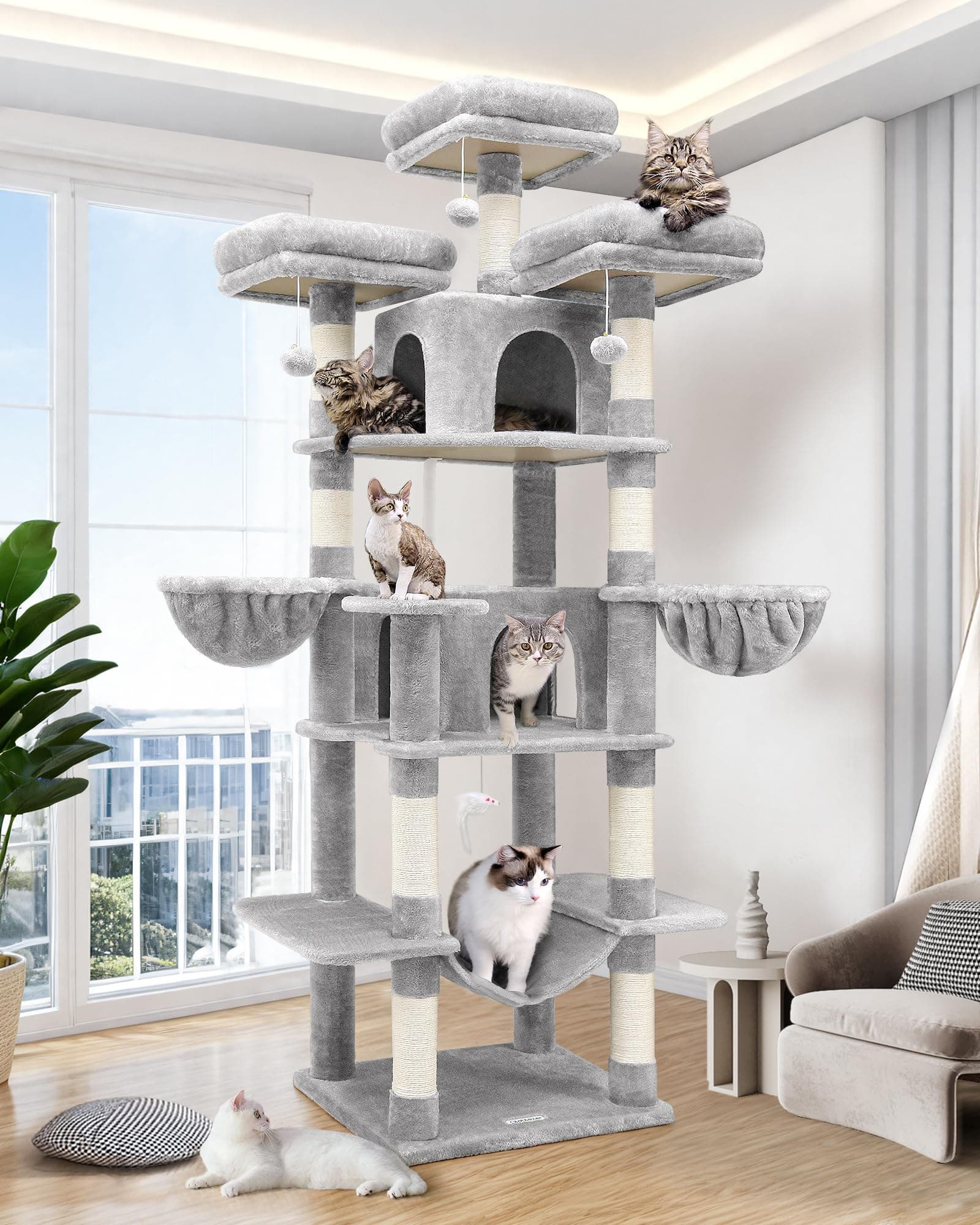 Globlazer Arbre à Chat Grand XXL Hauteur 204 cm avec 3 Perchoirs Rembourrés, 2 Niches, 2 Paniers, Hamac, Arbres a Chats Stable pour 3-5 Chats Adulte Repos Jeu Gratter Intérieur (F80, Gris Clair)