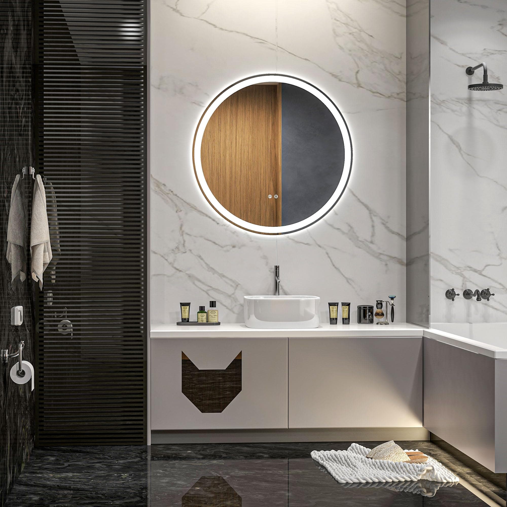 kleankin Miroir Salle de Bain avec Éclairage Ø 70 cm 23W Blanc Argent | Miroir Rond Lumineux, 3 Couleurs, Interrupteur Tactile, Système Antibuée