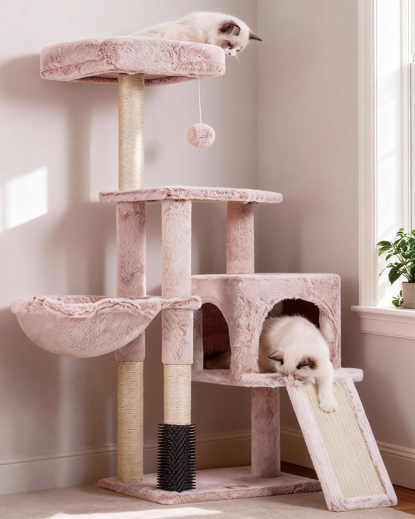 Heybly Rascador para Gatos, El Cepillo de Autolimpieza, El Árbol para Gatos Domésticos, con Peluche Liso, Silla de Descanso, Nido de Gato con Panel y Postes de Raspado, Beige Marrón HCT005SMU
