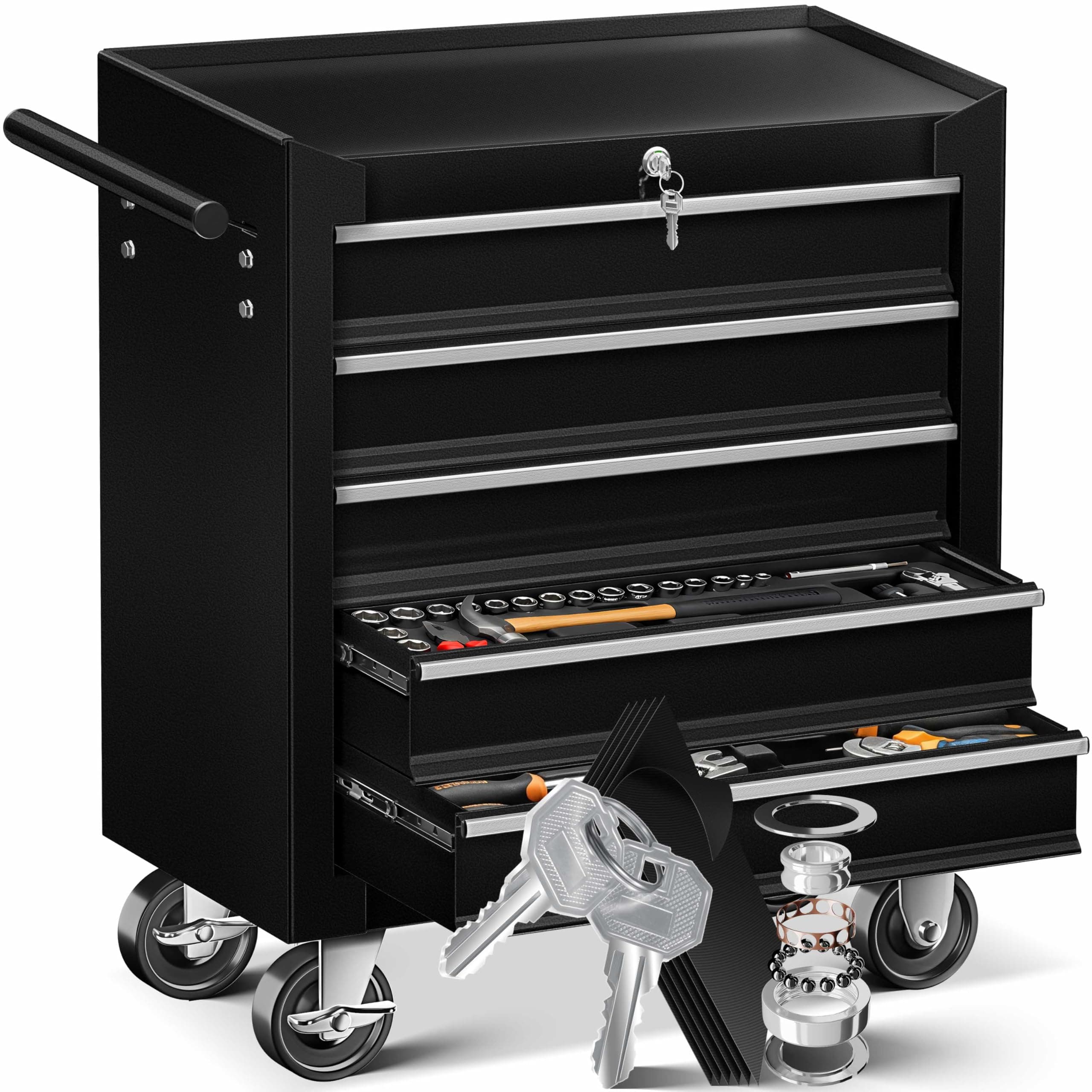 Masko® Carrello da officina - 5 Scomparti - Nero | Chiudibile a chiave | Metallo massiccio | Carrello mobile per attrezzi senza utensili | Carrello da officina professionale senza assortimento