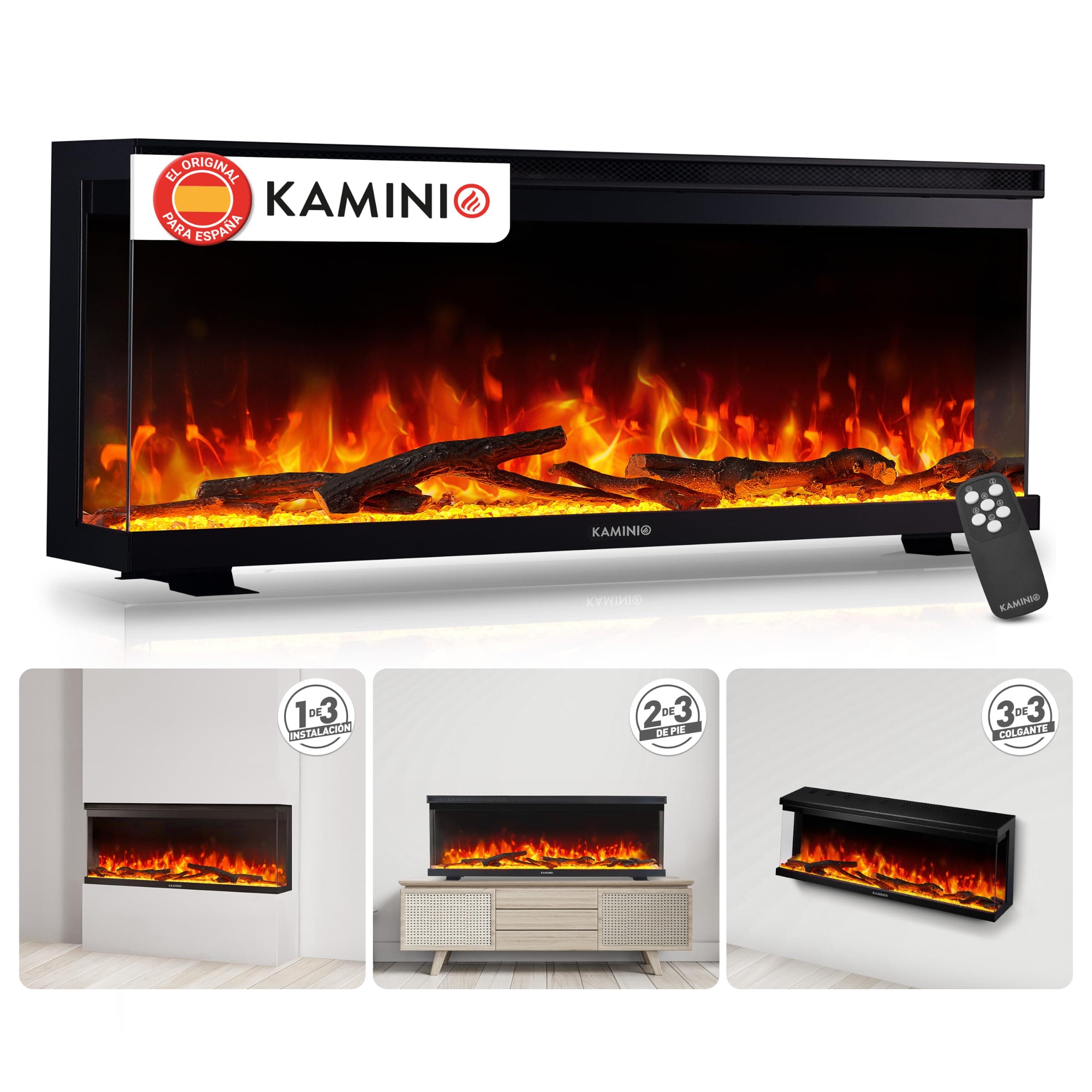 KAMINIO® Lea Pro 42 Chimenea eléctrica Decorativa con Calefactor | 3 en 1 chimenea empotrable, colgante o de pie, vista panorámica con efecto fuego, termostato y mando a distancia, negro