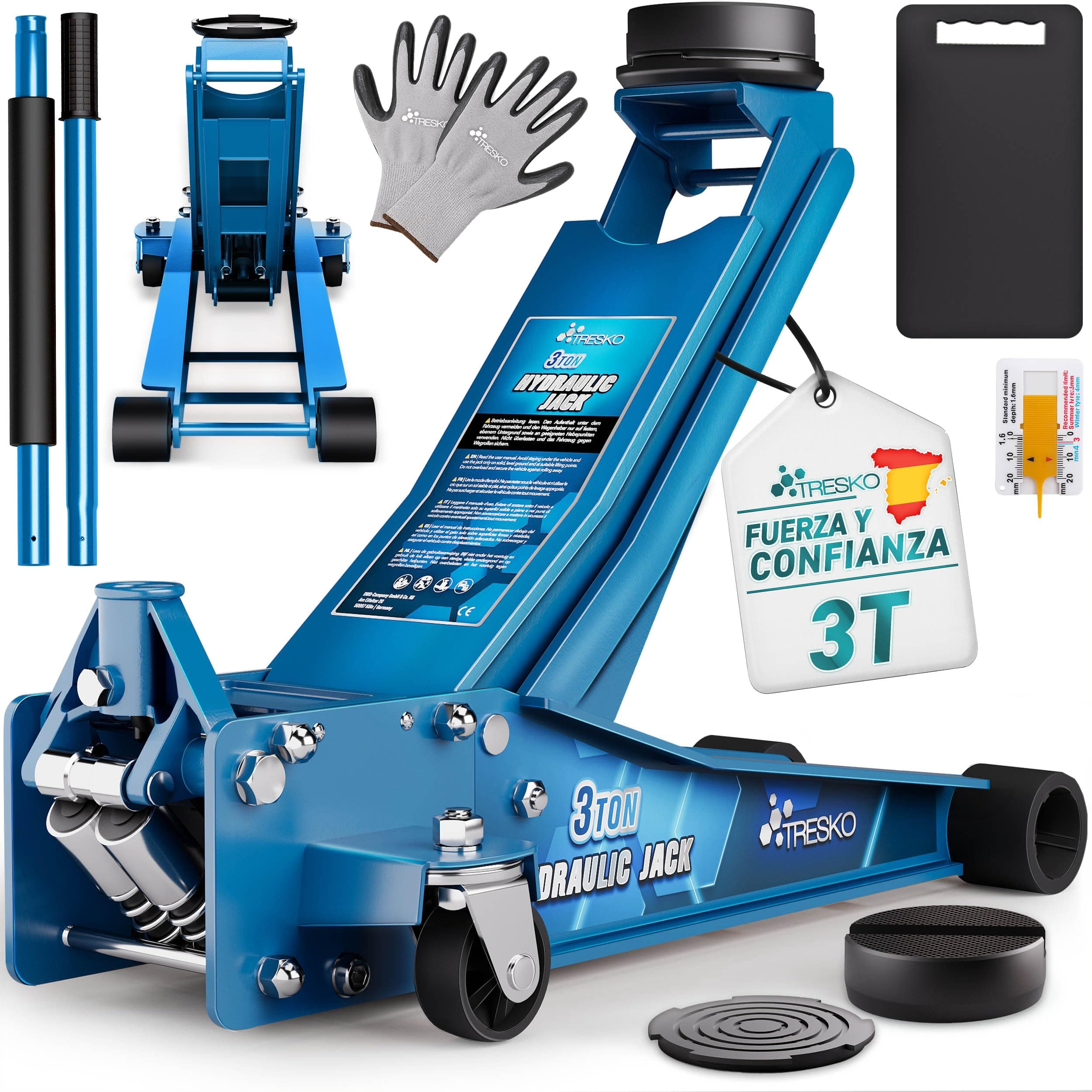 TRESKO® gato hidráulico 3T altura de elevación 75-510mm | Hidráulico para vehículos de maniobra gato plano con doble pistón y ruedas de 360° | Eleva auto incluye 2X almohadilla de goma, alfombrilla de