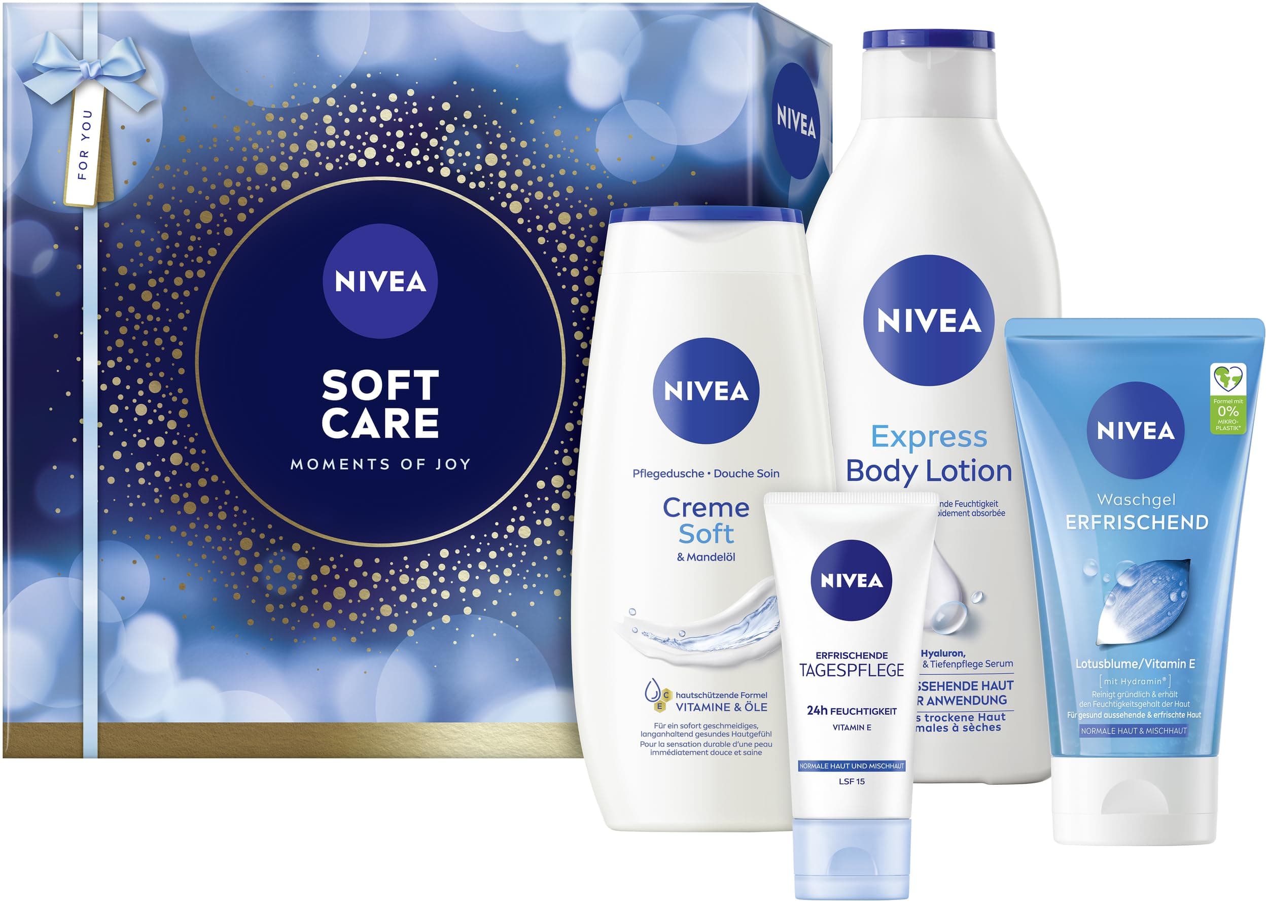 NIVEA Soft Care Geschenkset, Geschenk für Frauen, Geschenkbox mit Duschgel (250 ml), Body Lotion (400 ml), Tagespflege (50 ml) & Waschgel (150 ml)