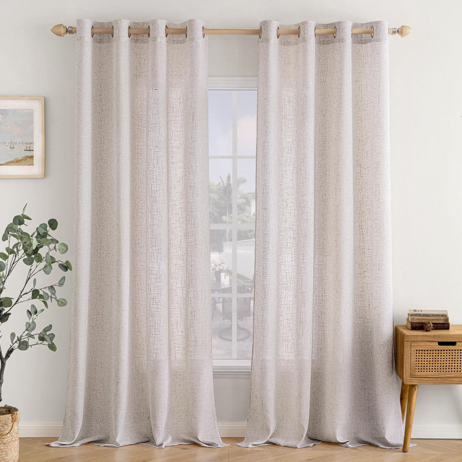 EMEMA Rideaux en Lin Transparents avec Oeillets Rideau Voilages de Fenêtre Lin Décorative Voile de Fenêtre Draperie Intérieur Elegant Vintage pour Salon Bureau 2 Panneaux 140x300 cm Ivoire