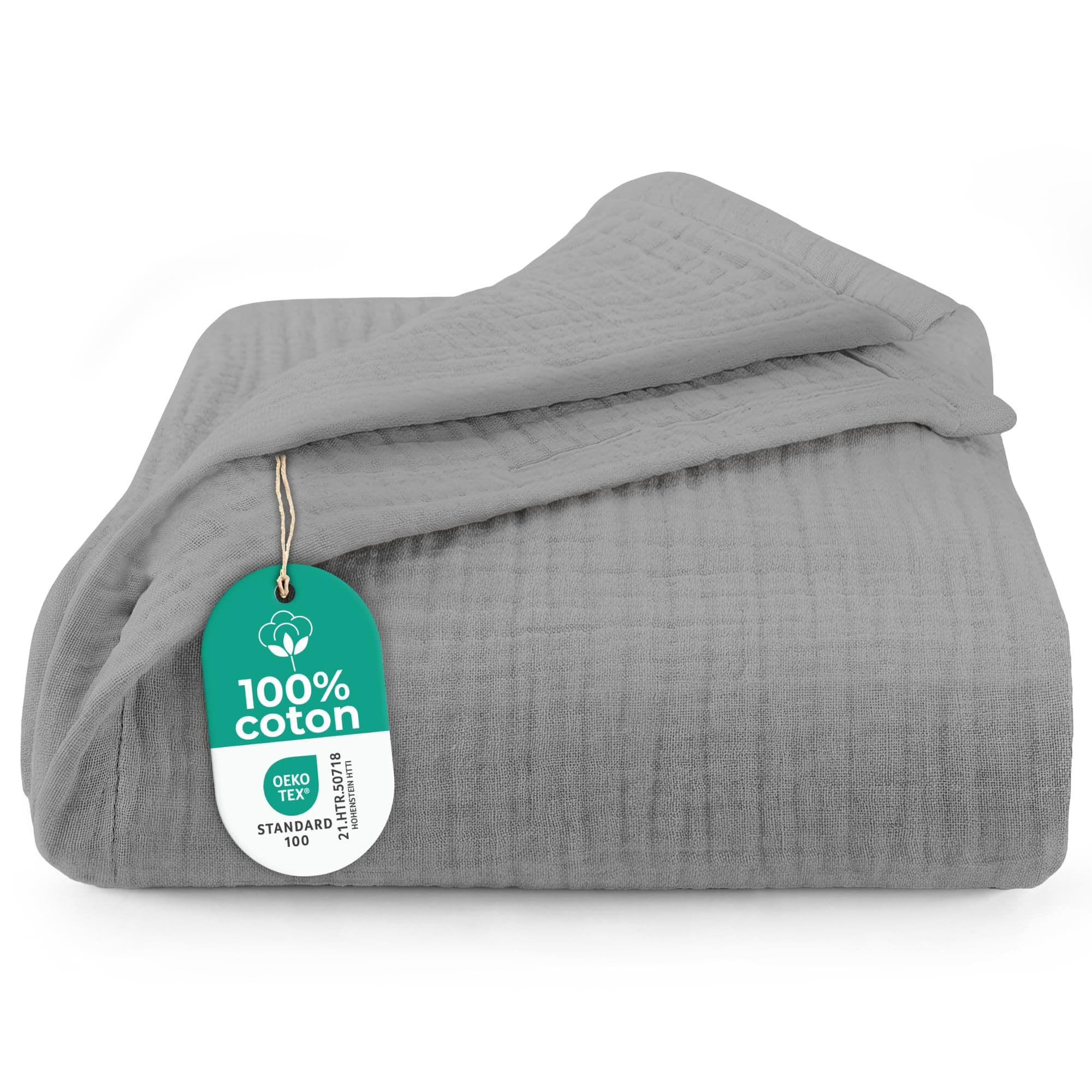 Dreamzie Couverture en Mousseline 220x240 cm - Couverture Coton légère été et Respirante pour lit et canapé - Plaid Gaze de Coton Oeko-Tex – Gris Clair