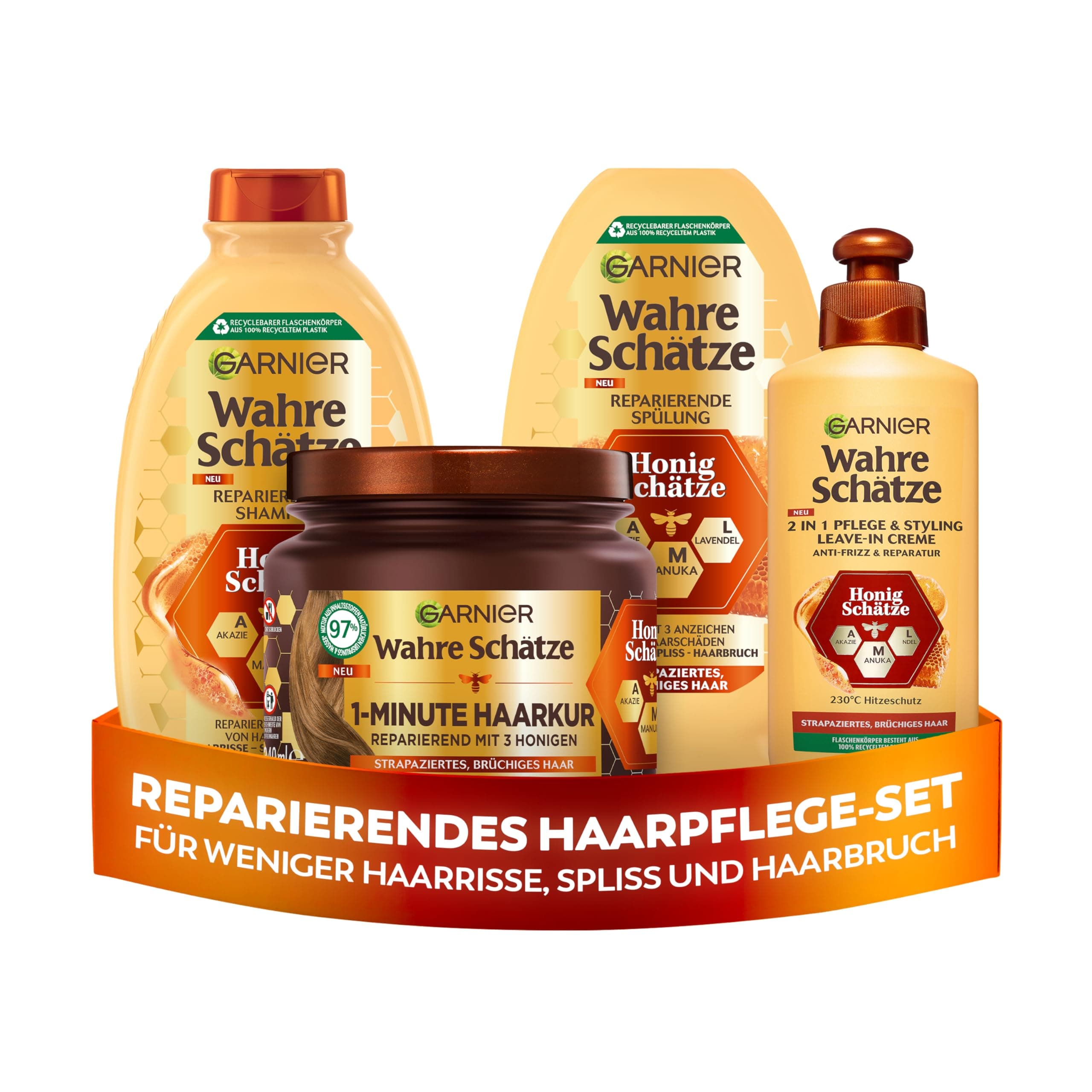 Garnier Wahre Schätze Haarpflege-Set Honig-Schätze, reparierend, für geschädigtes Haar, mit Shampoo, Spülung, 1-Minute Haarkur,Leave-In, 4-teilig