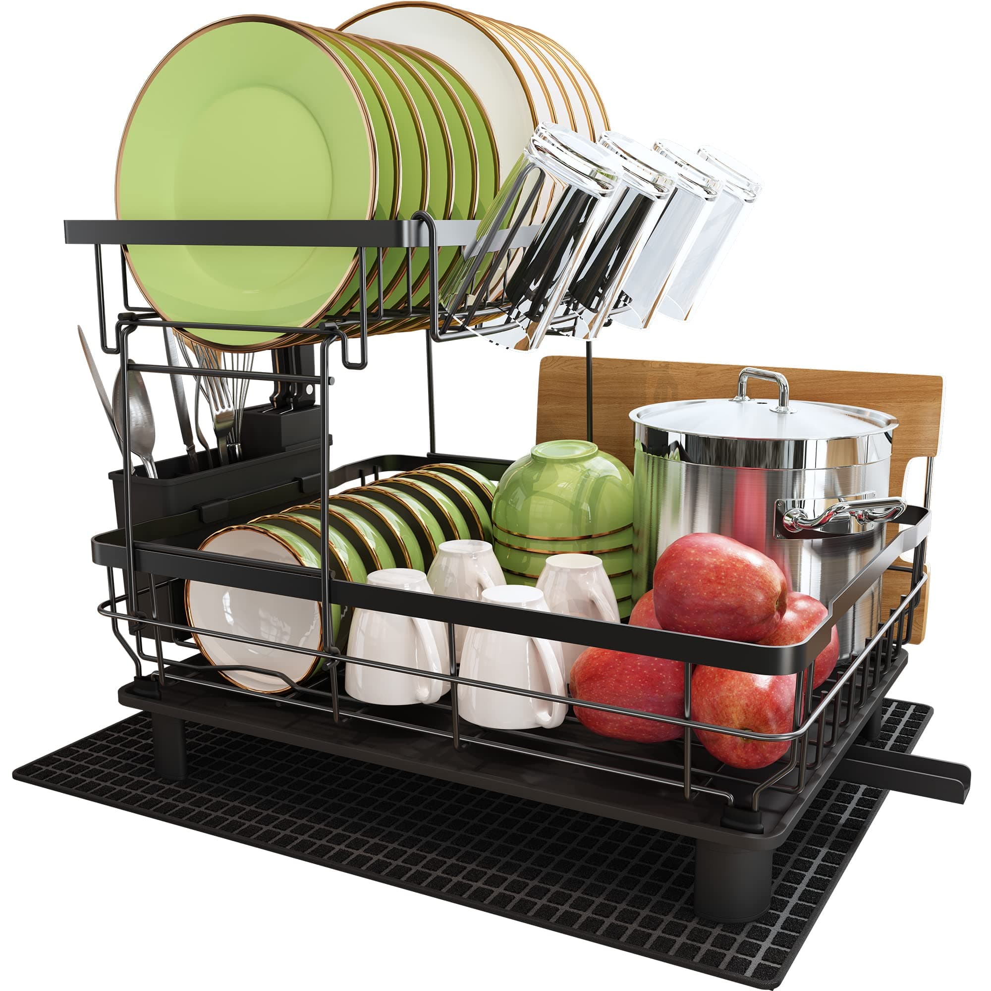 Boosiny Egouttoir Vaisselle, Egoutoire Vaisselle Cuisine en Acier Inoxydable Grand Format avec Porte-Gobelets, Égouttoir à Vaisselle Porte-Ustensiles et Drainage Automatique, Noir, 2 Niveau
