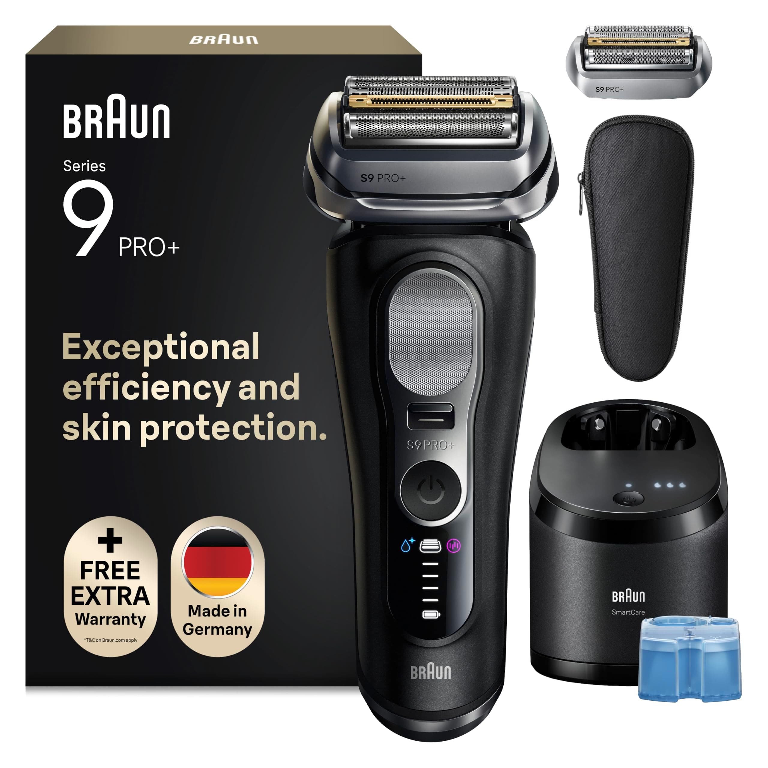 Braun Rasoir Electrique Homme Series 9+ Pro 9660CCPS Noir | Etanche, Batterie Rechargeable, Lames de Précision Ultra-Fines, Tondeuse, Station de Nettoyage, Etui de Voyage