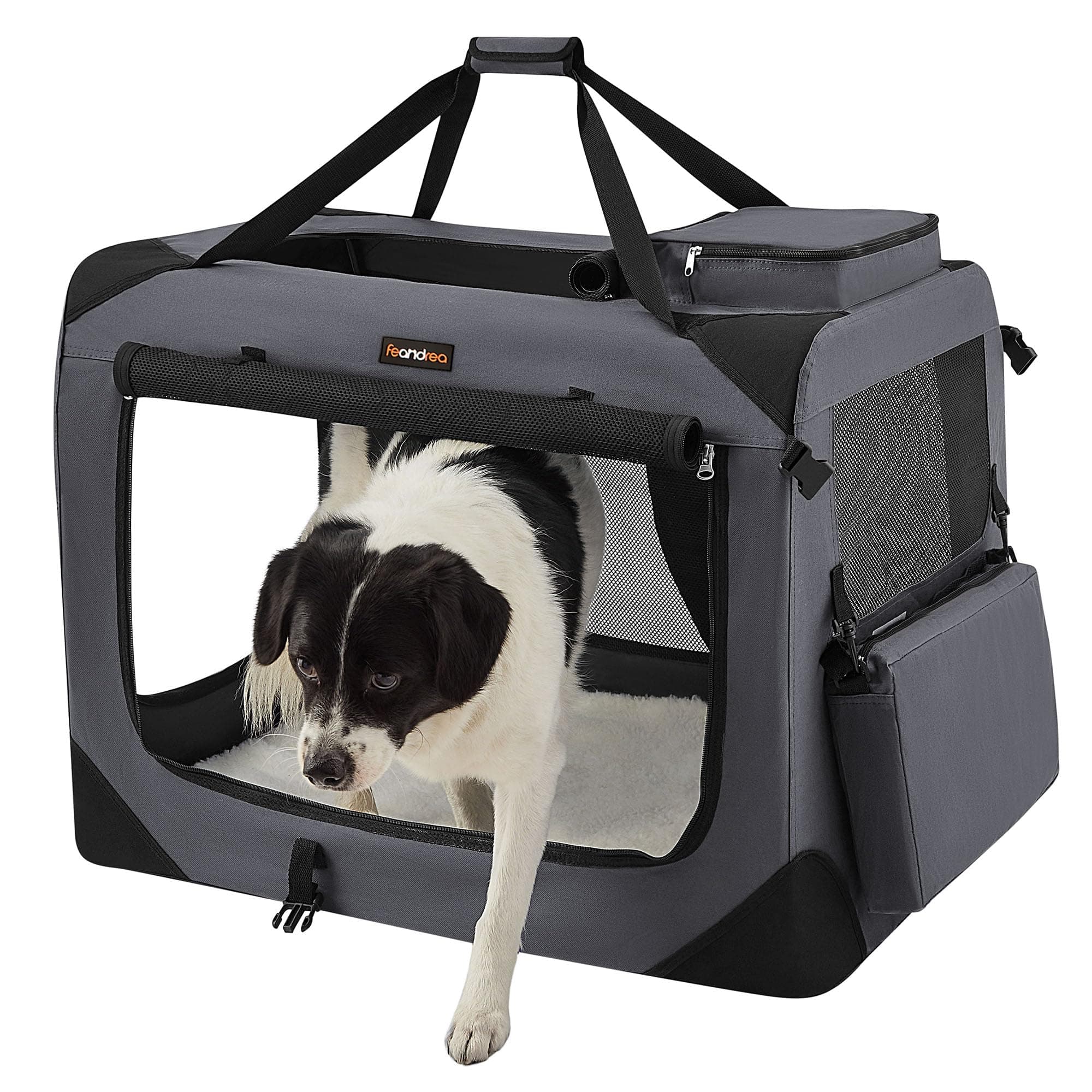 Feandrea Hundebox faltbar, Transportbox Hund, XL, Hundetasche, Oxford-Gewebe, Netzstoff, atmungsaktiv tragbar transportabel, Metallrahmen, mit Griffen, Taschen, 81 x 58 x 58 cm, grau PDC008G01