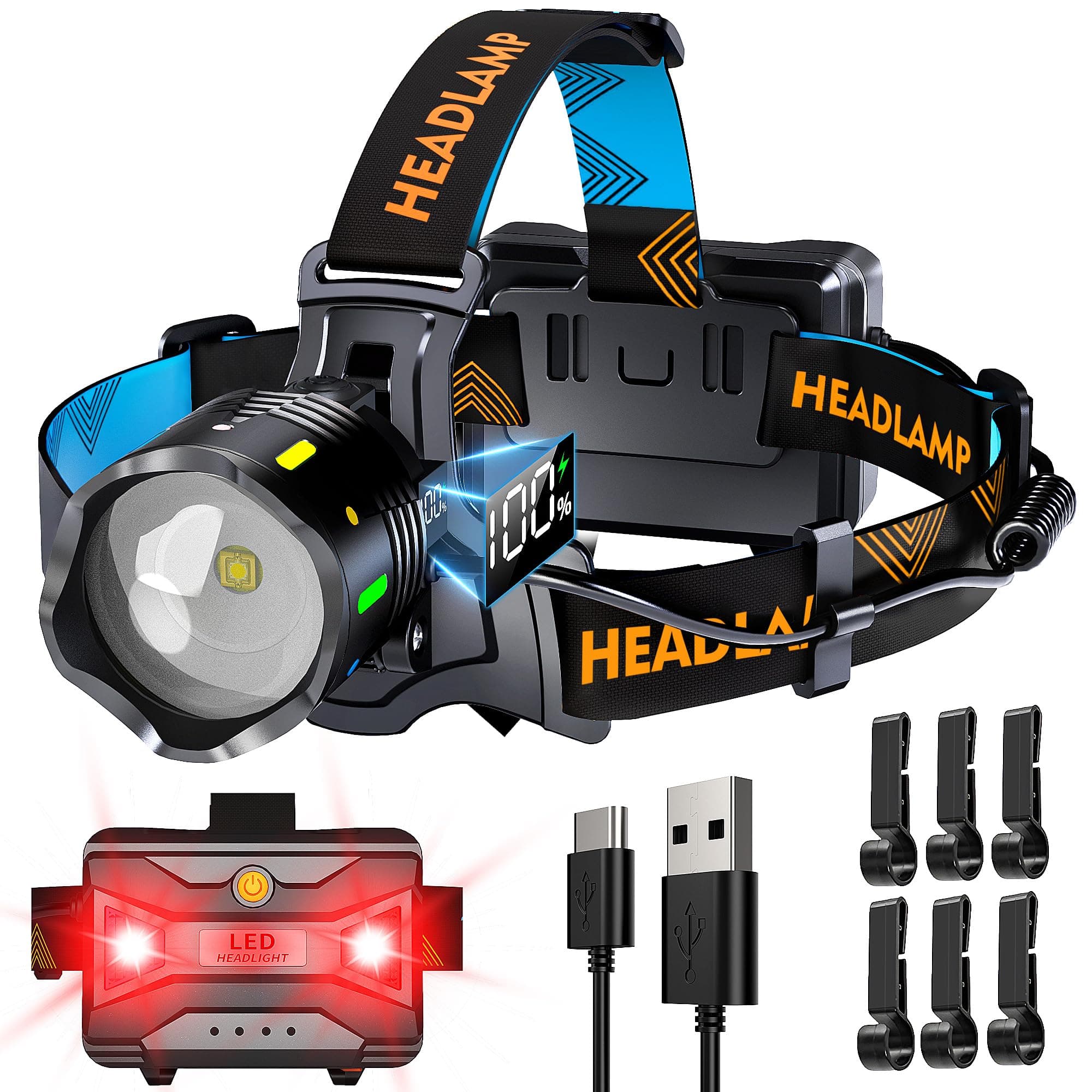 210000 Lux 12 Modalità Torcia Frontale Rosso Avviso e Sensore, 95H Standy 125° Lampada Frontale Regolabile e Fuoco Regolabile, Torcia Frontale Led Ricaricabile Impermeabile IP65 per Pesca Trekking