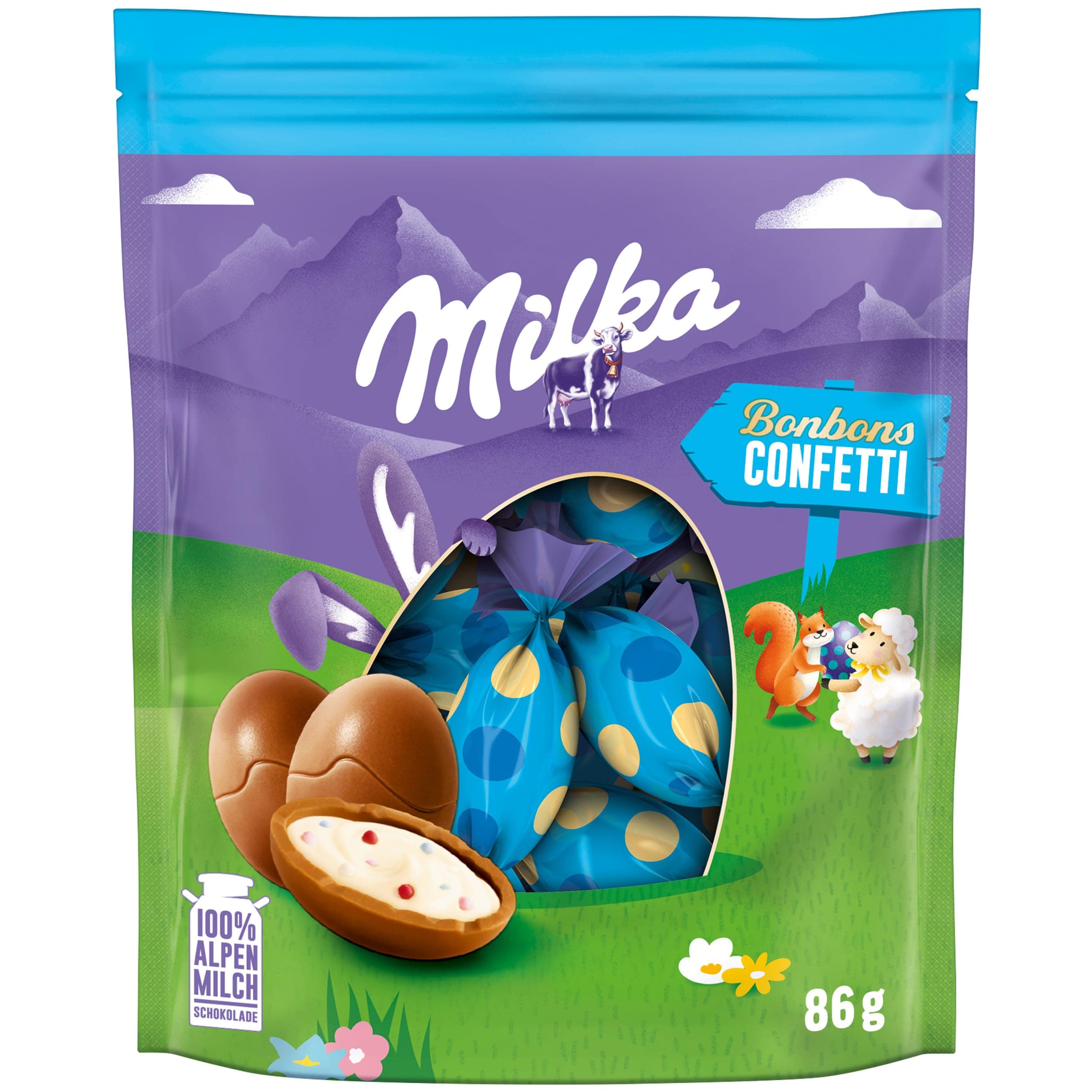 Milka Bonbons Confetti mit feiner Milchcréme und bunten Zuckerperlen – gefüllte Osterschokolade in Einzelverpackung – 86g