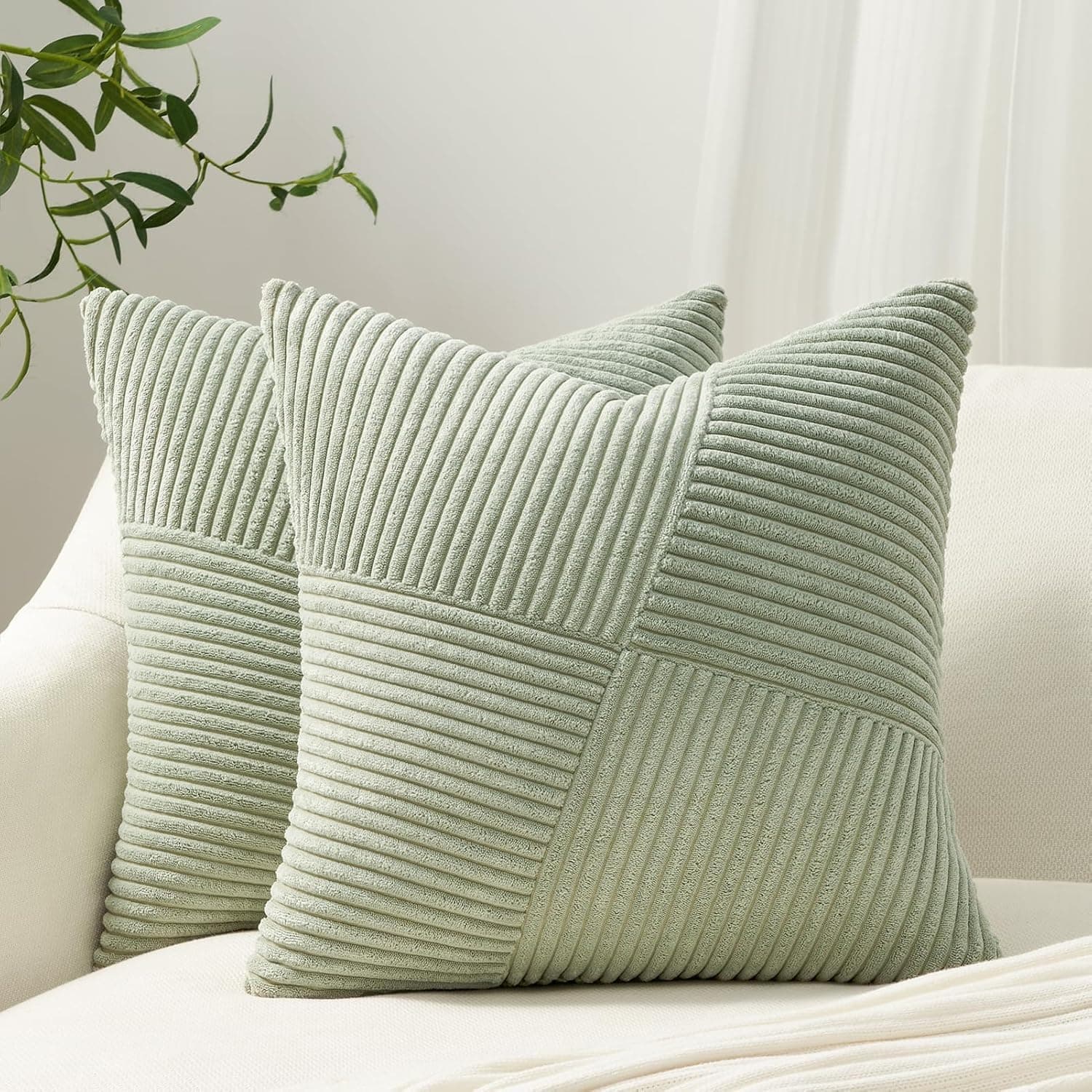 Topfinel Housse Coussin Canape 80x80 Vert Sauge en Velours Côtelé Super Doux,Housse Coussin Decoratif Canape Motif à Rayures Patchwork Decoration Maison Salon Chambre pour Canapé Lot de 2