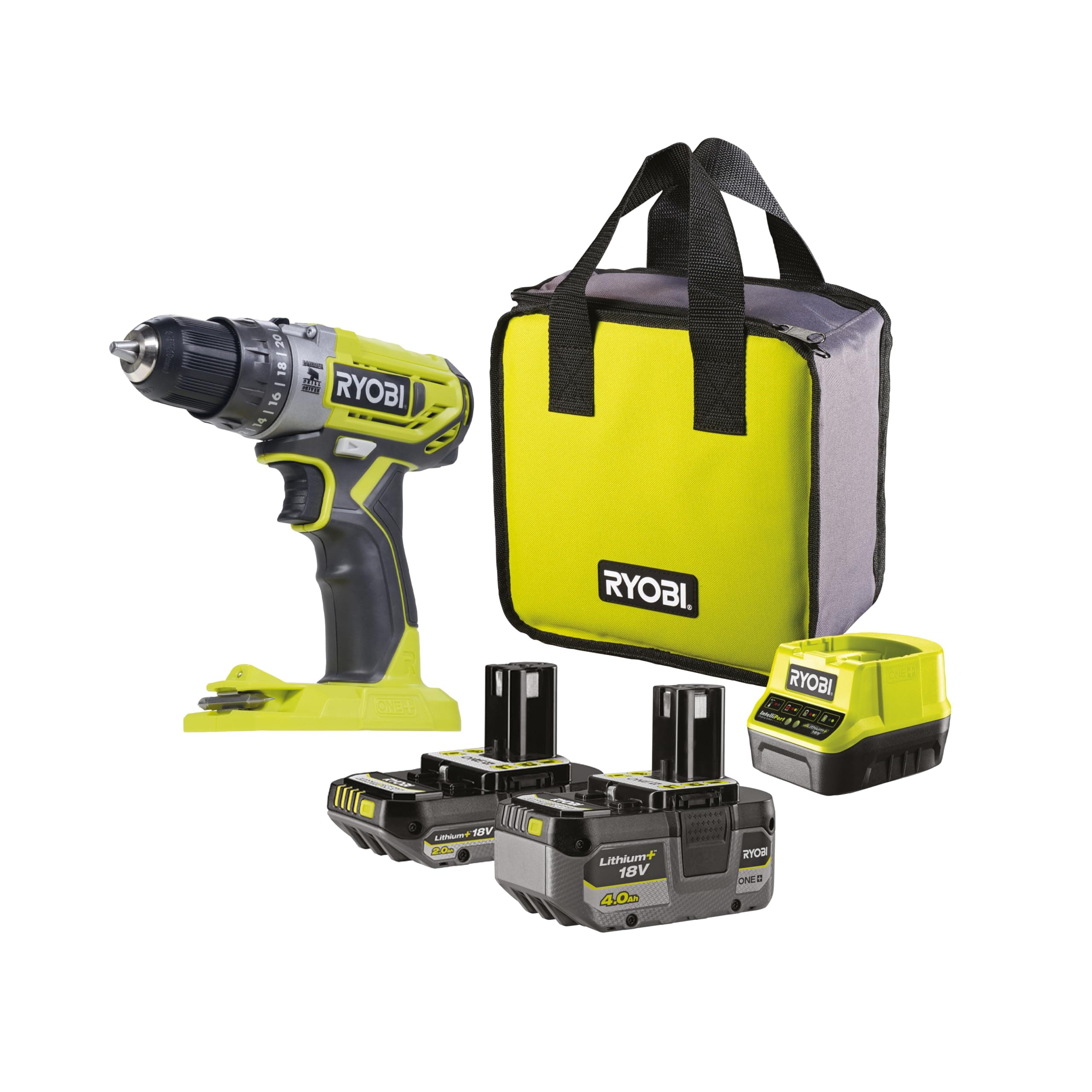 RYOBI Taladro Percutor 18V ONE+ con Baterías 2.0Ah y 4.0Ah, Cargador y Bolsa - Potente, Compacto y Garantía Extendida