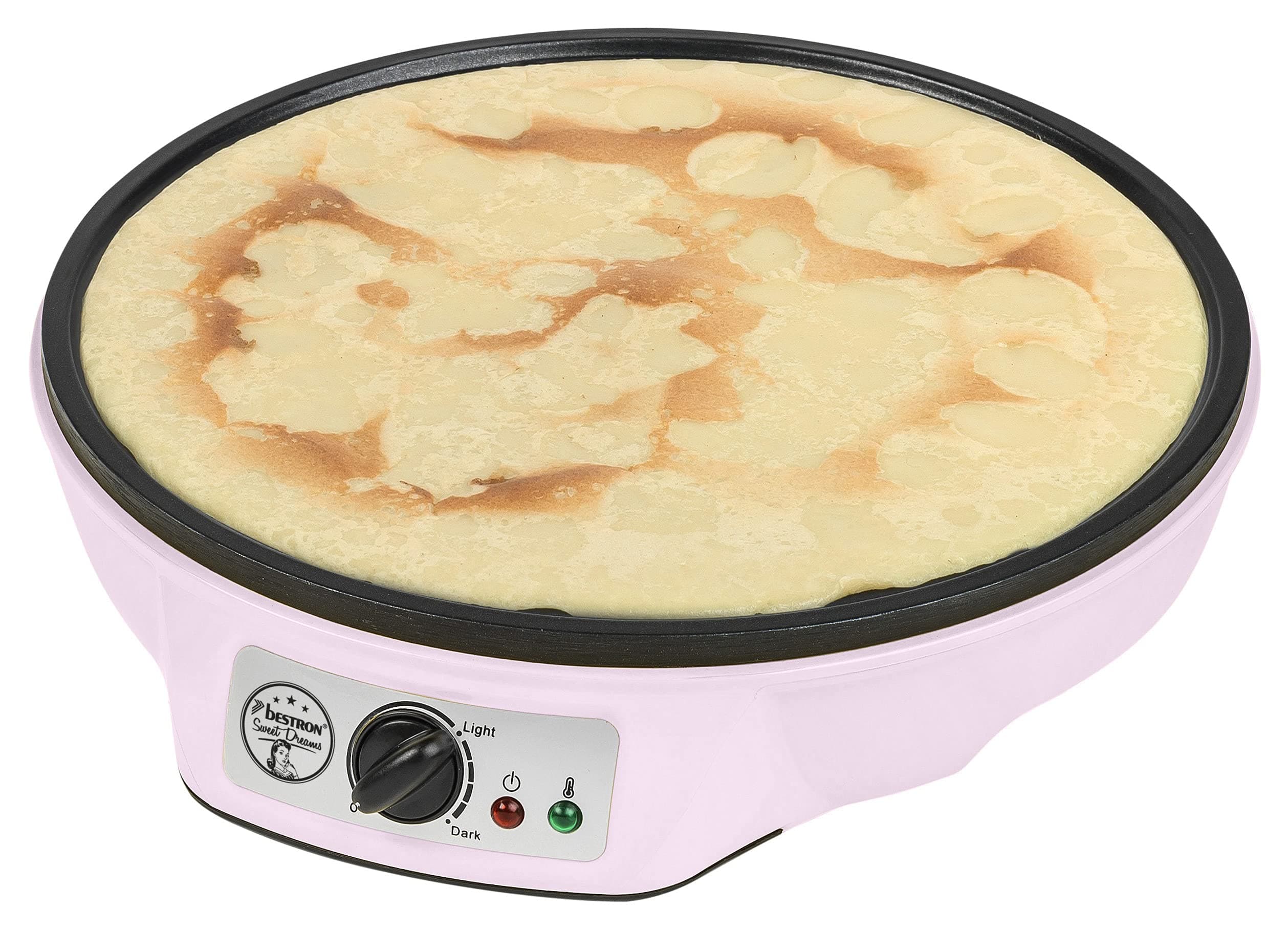 Bestron crepiera elettrica, Macchina per crêpes dal design retrò, per crêpes con Ø 30 cm, incl. spargitore di pastella e giratorta, con rivestimento antiaderente, 1000 watt, colore: Rosa