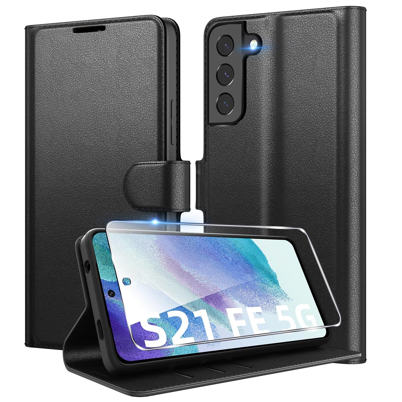 Eirltiy Coque pour Samsung Galaxy S21 FE 5G en Premium Cuir PU, Portefeuille Housse Etui pour Cartes Protection Anti-Choc Flip Case avec 1 Verre Trempé Noir