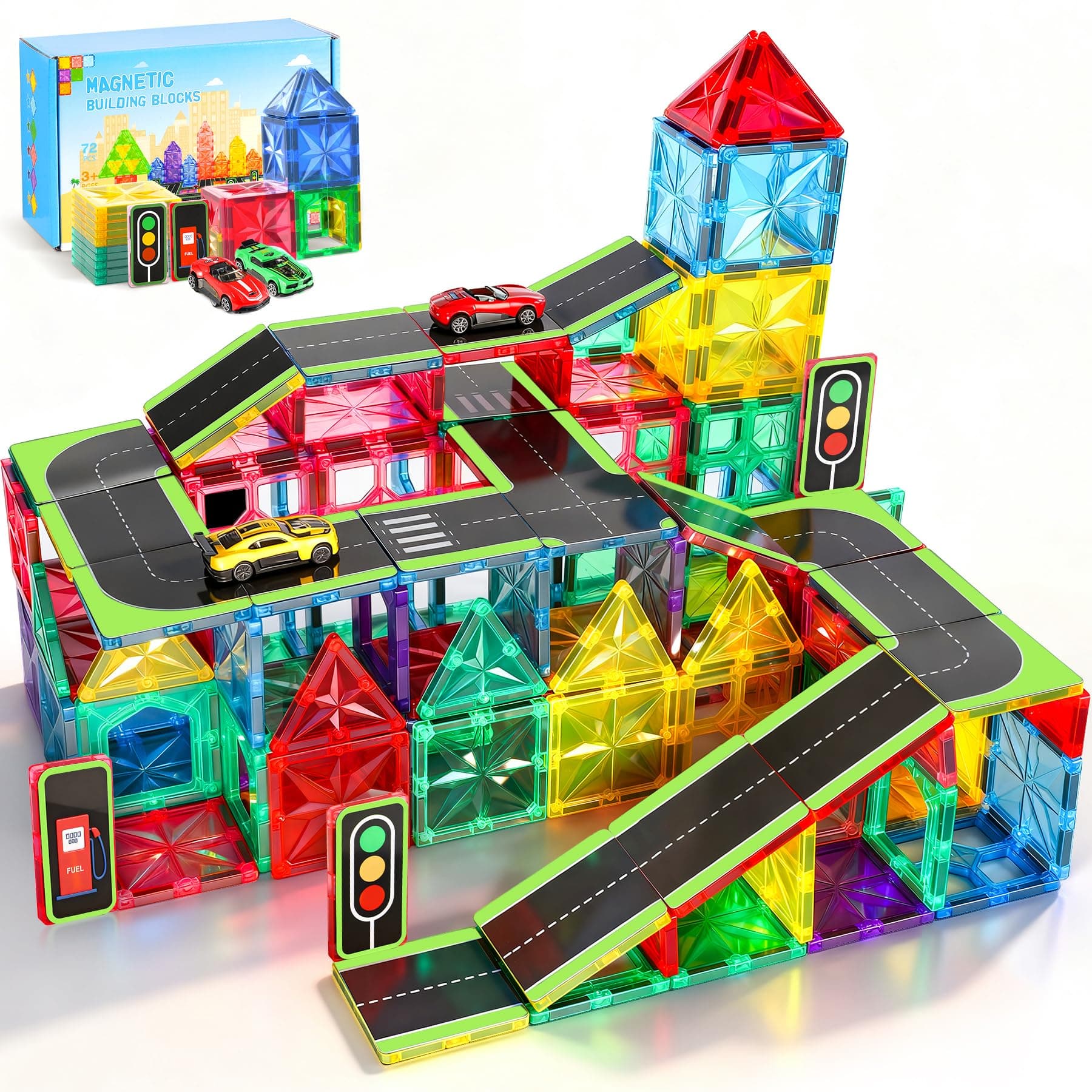 Perbabe 72 pezzi Costruzioni Magnetiche Giochi Bambini, Più forte Costruzioni per Bambini con Topper Stradali e Auto Tessere Magnetiche per Natale, Compleanno Regalo Bambino 3 4 5 6 7 8 anni
