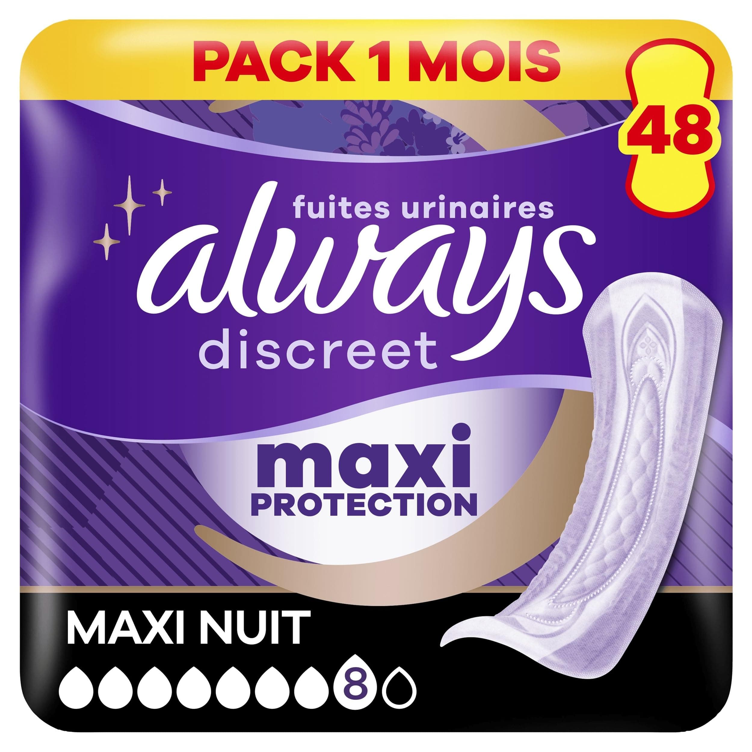 Always Discreet Extra Secure, Serviettes Pour Incontinence ou Fuites Urinaires, Fuites Importantes, Format Eco, 7 Gouttes, Ultimate Night, 48 Pochettes Individuelles (4 x 12 unités)