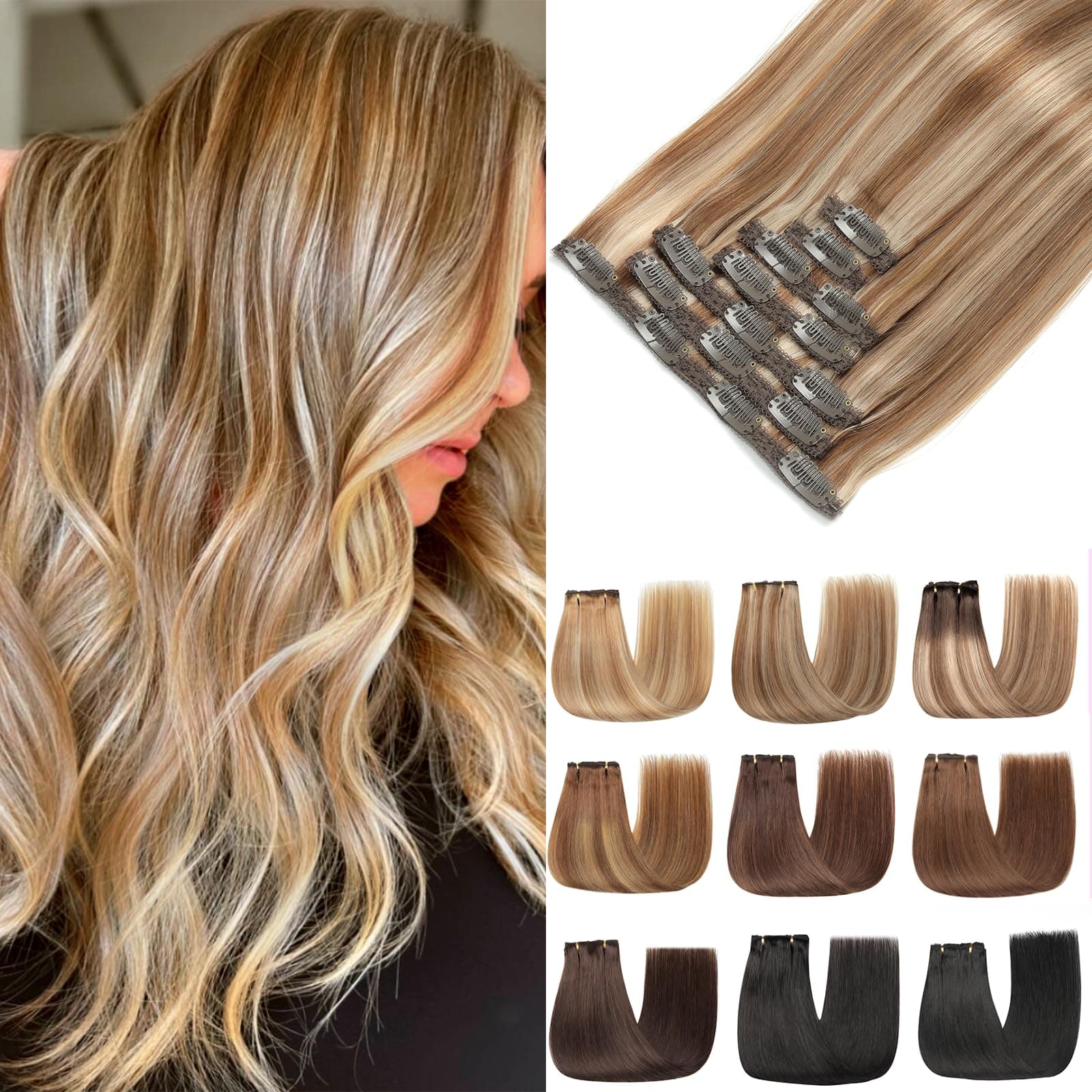 EINbeauty Extension Capelli Veri Clip 7pcs 120g 45cm Extension Capelli Veri Lisci Invisibili Remy Umani Human Hair Extension Clip(18Inch,P6/18K#)