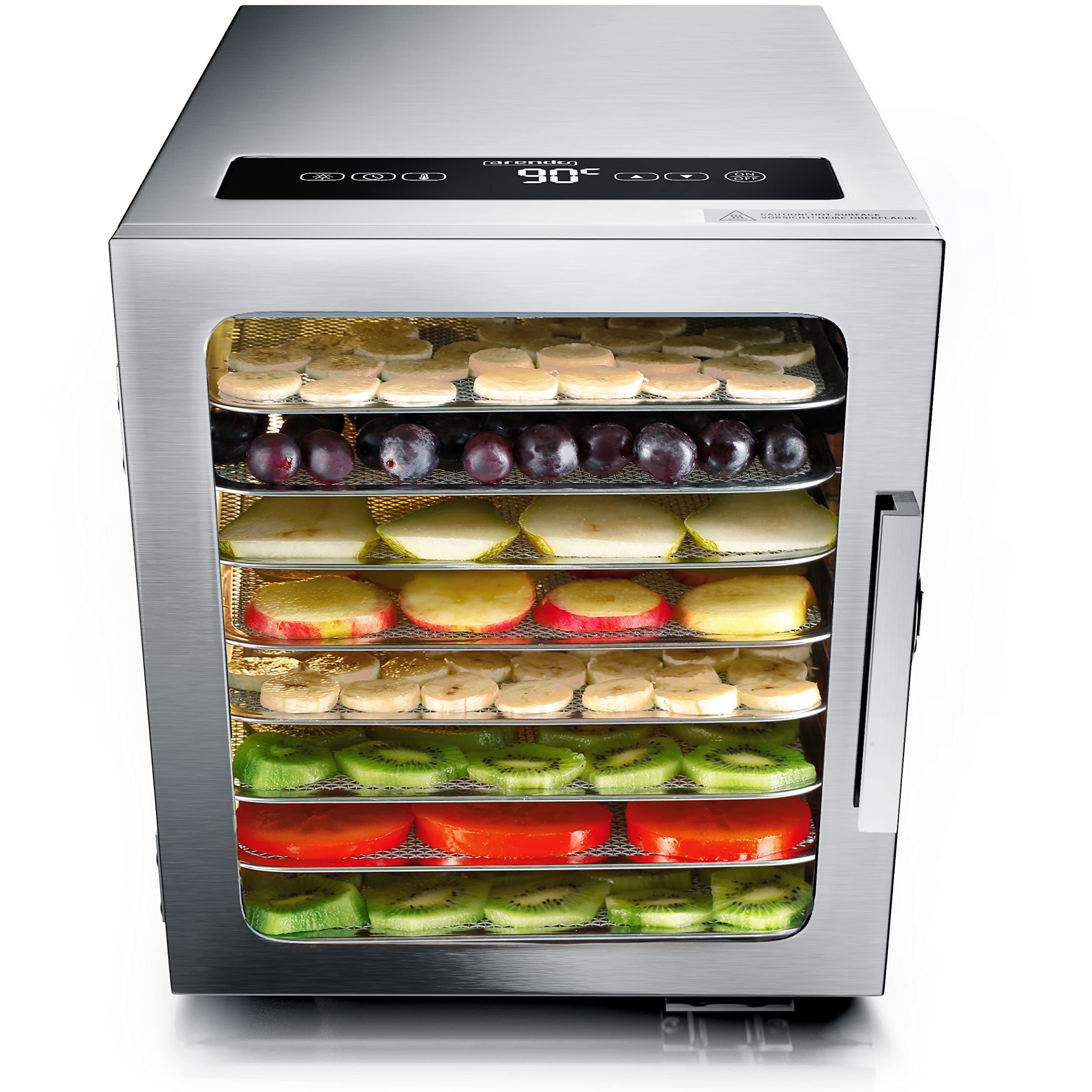 Arendo - Edelstahl Dörrautomat 8 fach - 500 Watt mit Temperaturregler - Dörrgerät für Lebensmittel Fleisch Früchte Obst Pilze - Timer bis zu 24 h - 8 Einlegefächer - GS - Dehydrator