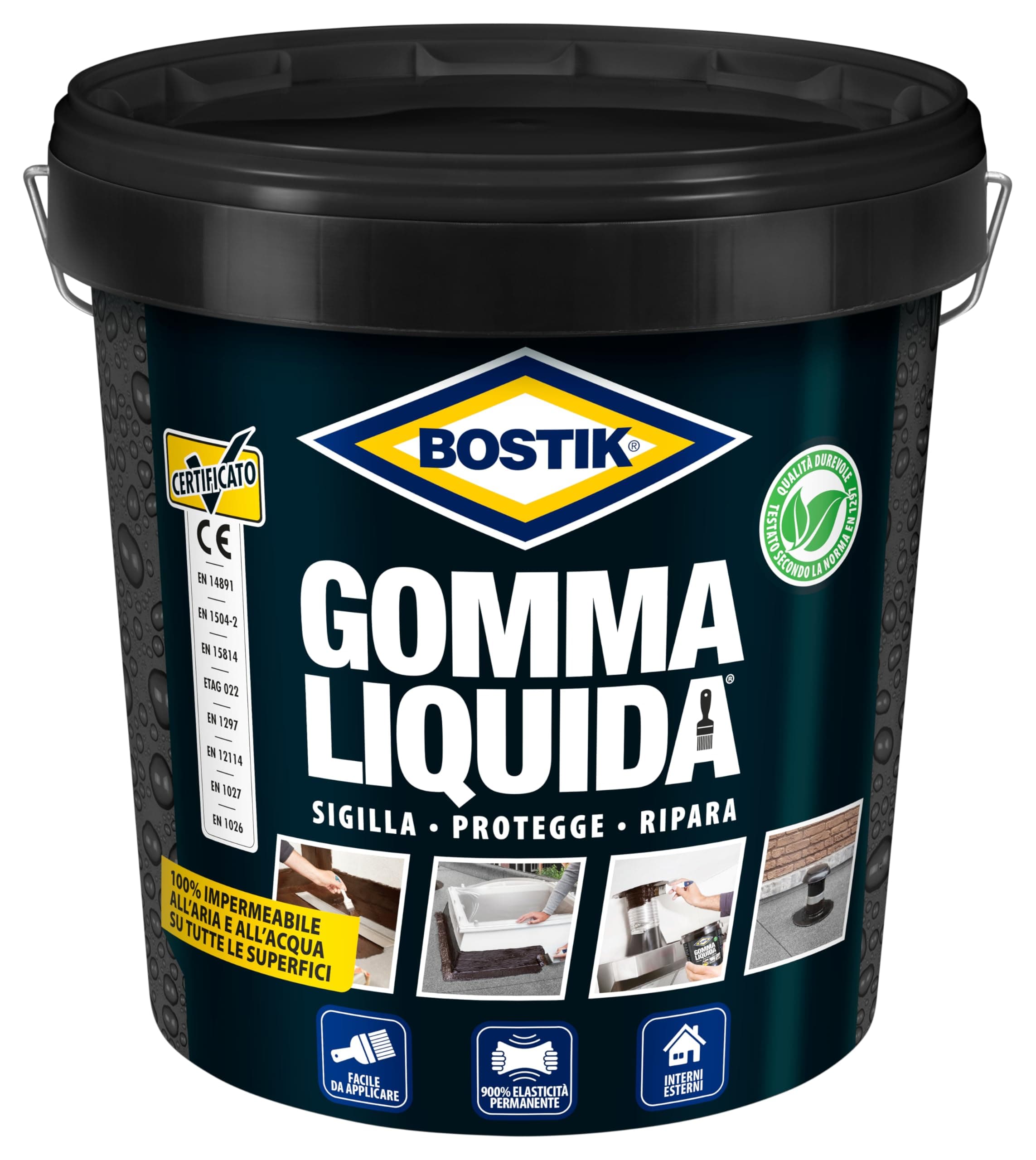 Bostik Gomma Liquida Secchio, Rivestimento a base di gomma per sigillature, protezioni e riparazioni, 5 litri