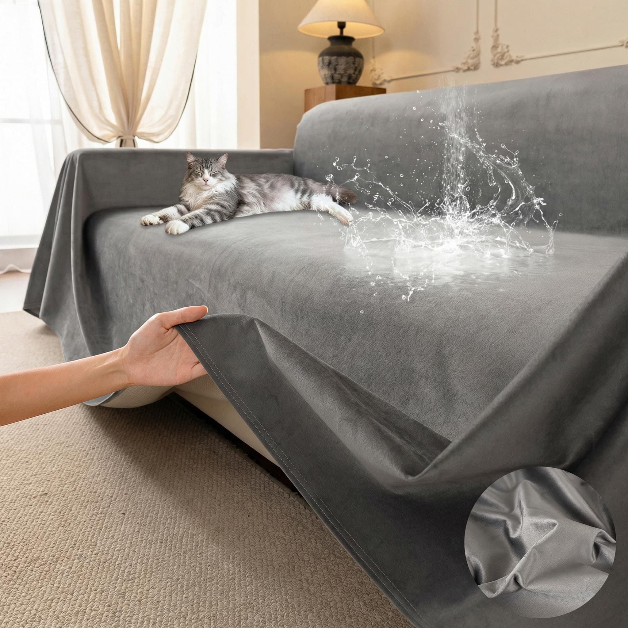 Loiion Protection Canapé Chat, Anti Griffe Chat Canapé, Couvre Canapé 3 Place Doux et Confortable, Protege Canape Impermeable & Antidérapante, Couvre Canapé pour Chiens Chats Animaux, Gris, 340x180cm