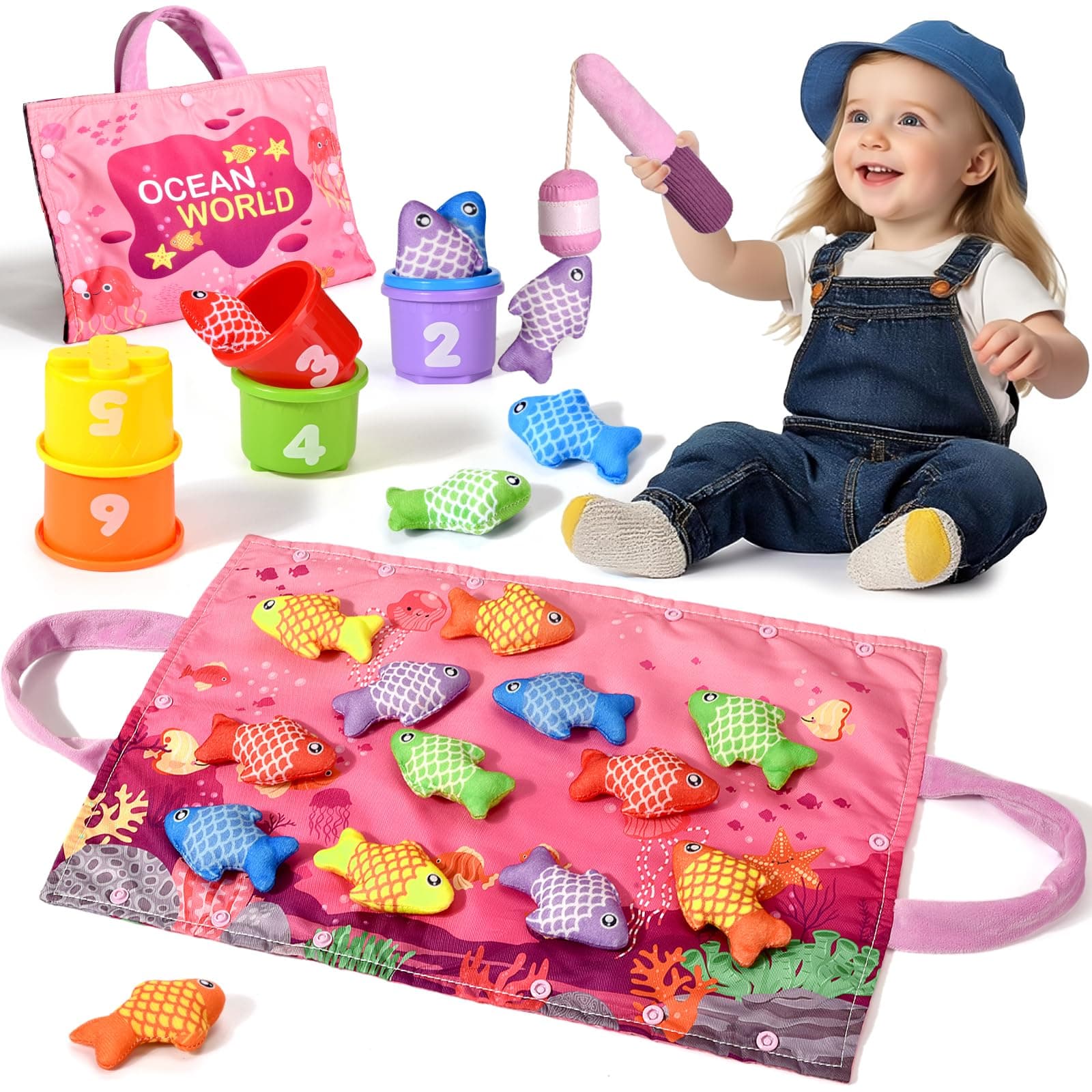 Tokiyis Giochi Montessori 1 Anno - Gioco Pesca Morbidi per Bimbo Bimba con 12 Pesci - Gioco Bambino Colorato Giocattolo Educativo per 6 9 12 18 Mesi - Rosa Regali per Bambini Bambina 1 2 3 Anni