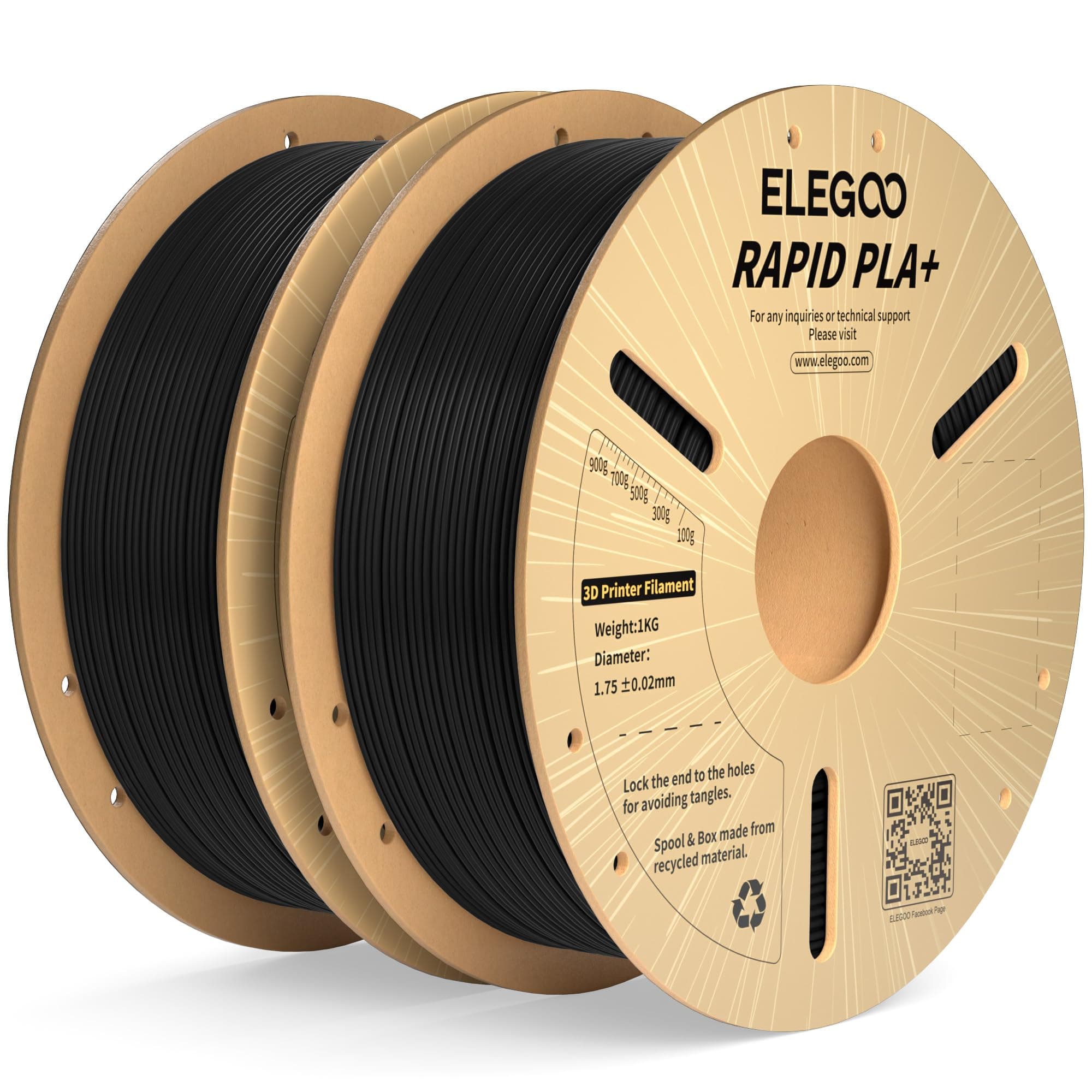 ELEGOO High Speed PLA+ Filament 1.75mm Schwarz 2 KG, Rapid PLA Plus 3D Drucker Speedy Filament, 600 mm/s Hochgeschwindigkeitsdruck, Maßgenauigkeit +/-0,02mm, 1kg Spule (2.2lbs)