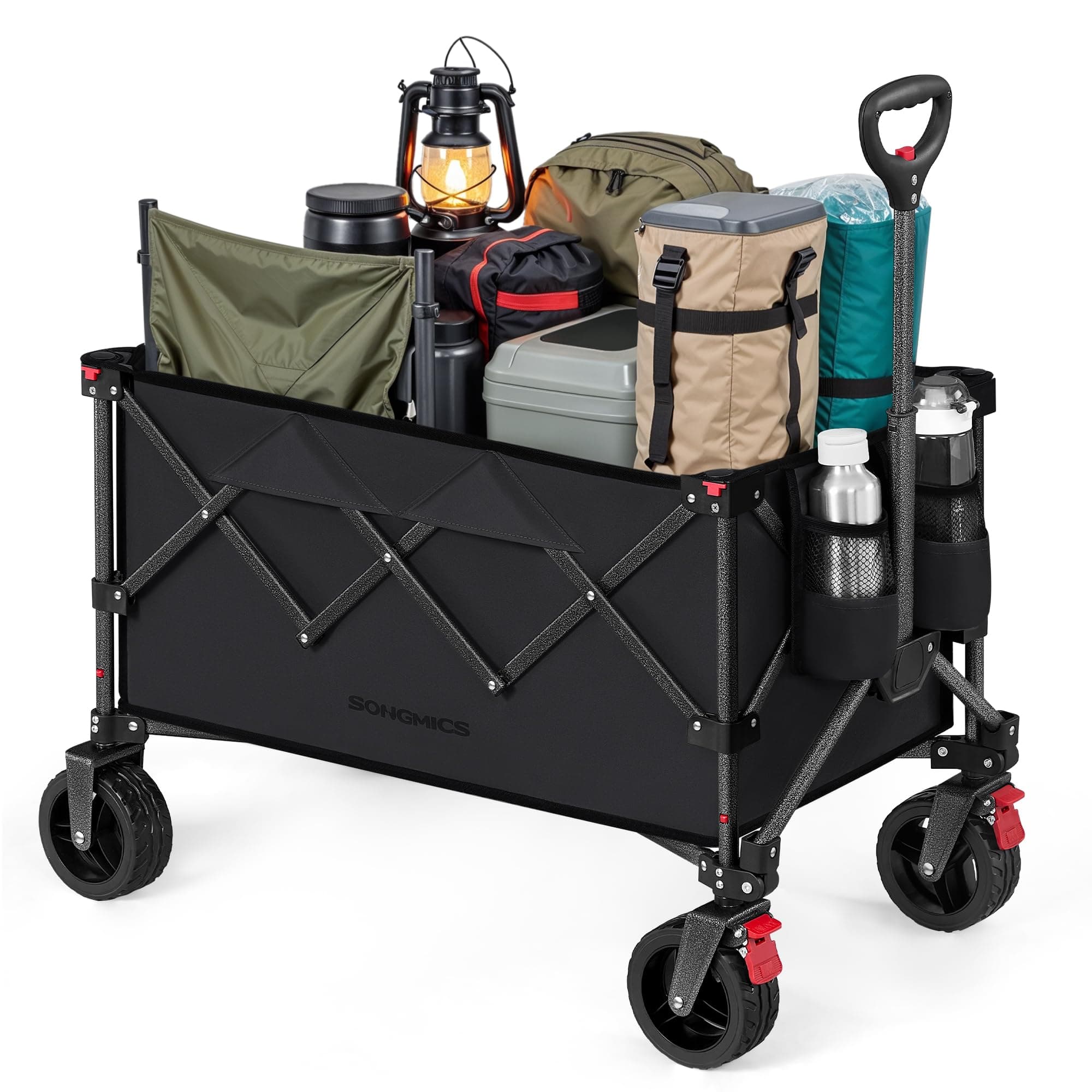 SONGMICS Chariot Pliable, Capacité de 150 L, Supporte Jusqu à 150 kg, avec Poignée, 4 Roues Amovibles, Chariot de Jardin, Économie d Espace, pour Extérieur, Plage, Camping, Noir d'encre GFW115B01