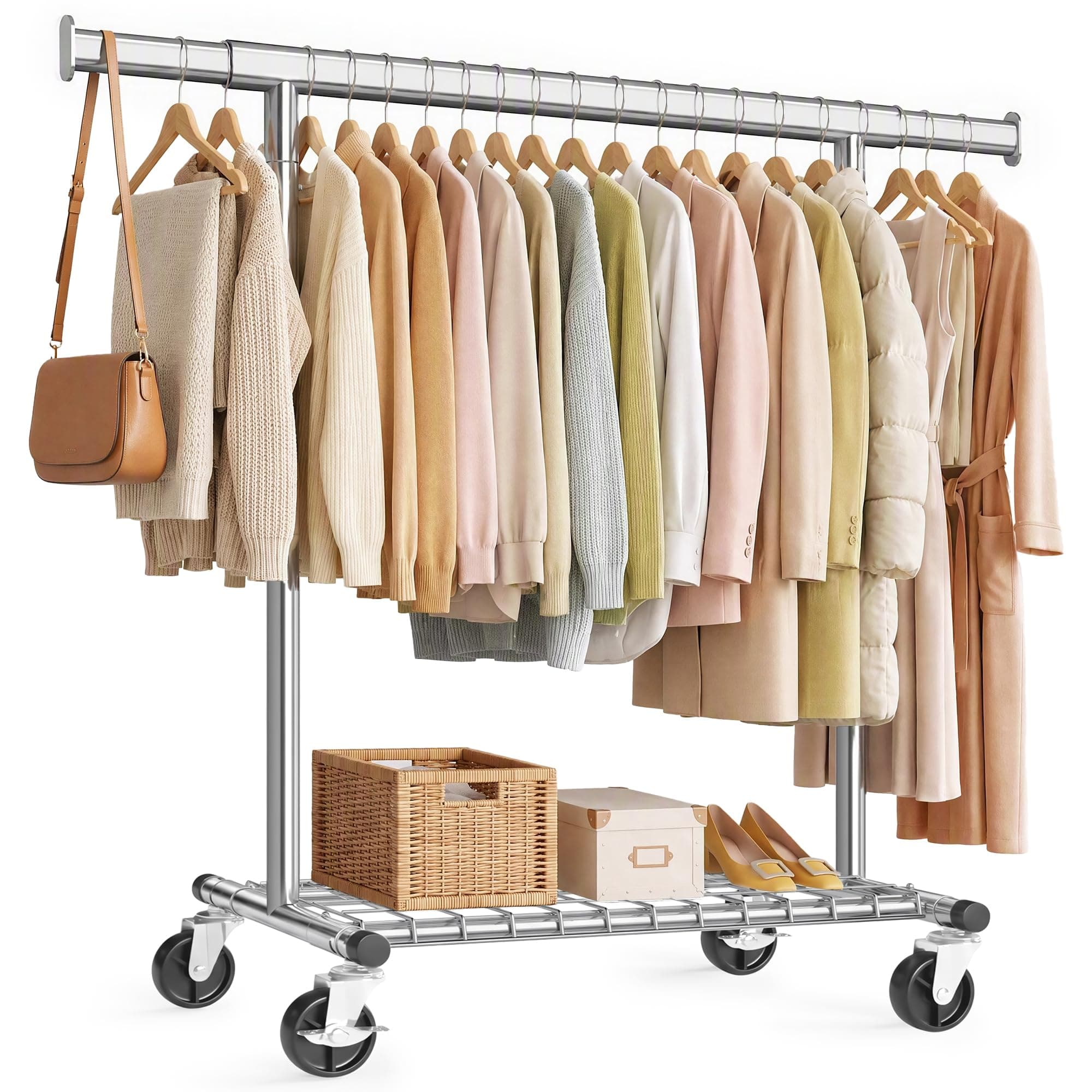 SONGMICS Burro Ropa Extensible con Ruedas, Acero | Armario Perchero para Dormitorio, (92-132) x 45 x 161,5 cm, 180 kg, Plateado, Colección Pataye, HSR177E101