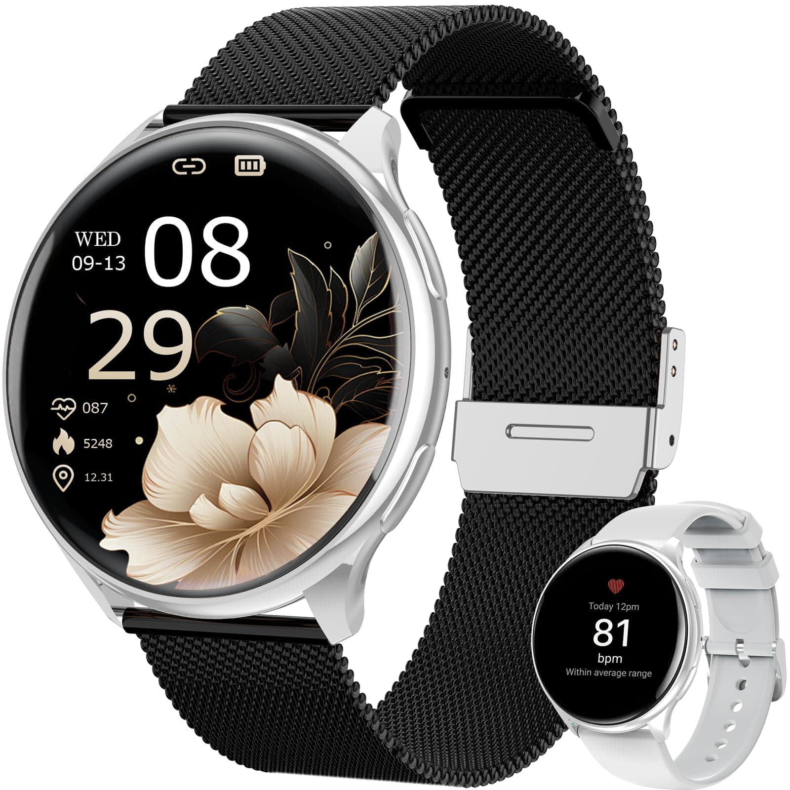 SLOKSFil Reloj Inteligente Mujer, 1,39" SmartWatch Mujer Redondo SpO2, 24H Pulsometro, Presión Arterial, Monitor sueño, Monitor de sueño 120 Deportes para iOS Android (Negro Plateado)