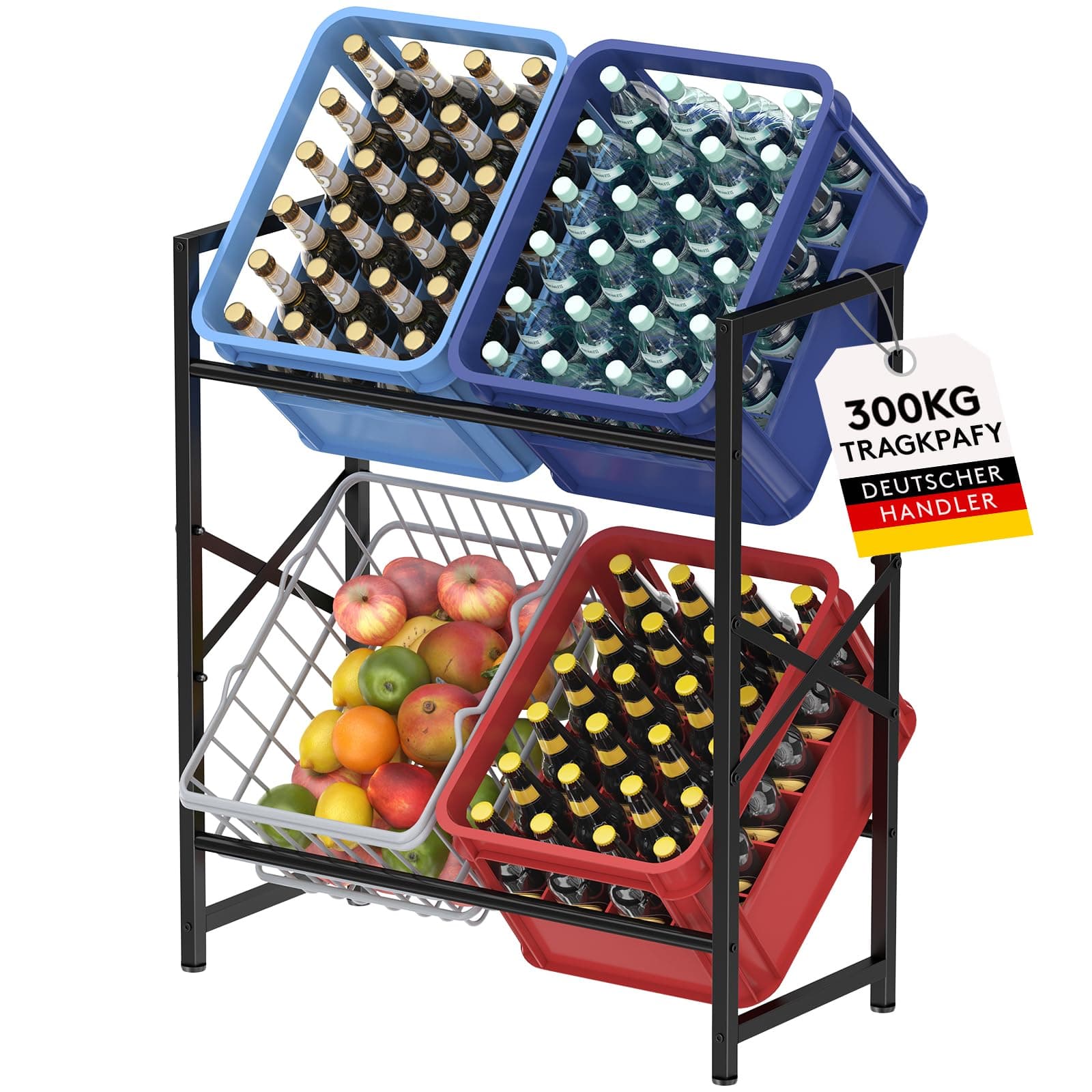 Lifewit Getränkekistenregal 4 Kisten hoch, Stabiles Kistenregal Metall trag. 300 kg, platzsparendes Getränkeregal, Bierkasten Wasserkasten Regal, Ständer Getränkekisten, Bierkistenregal, Schwarz