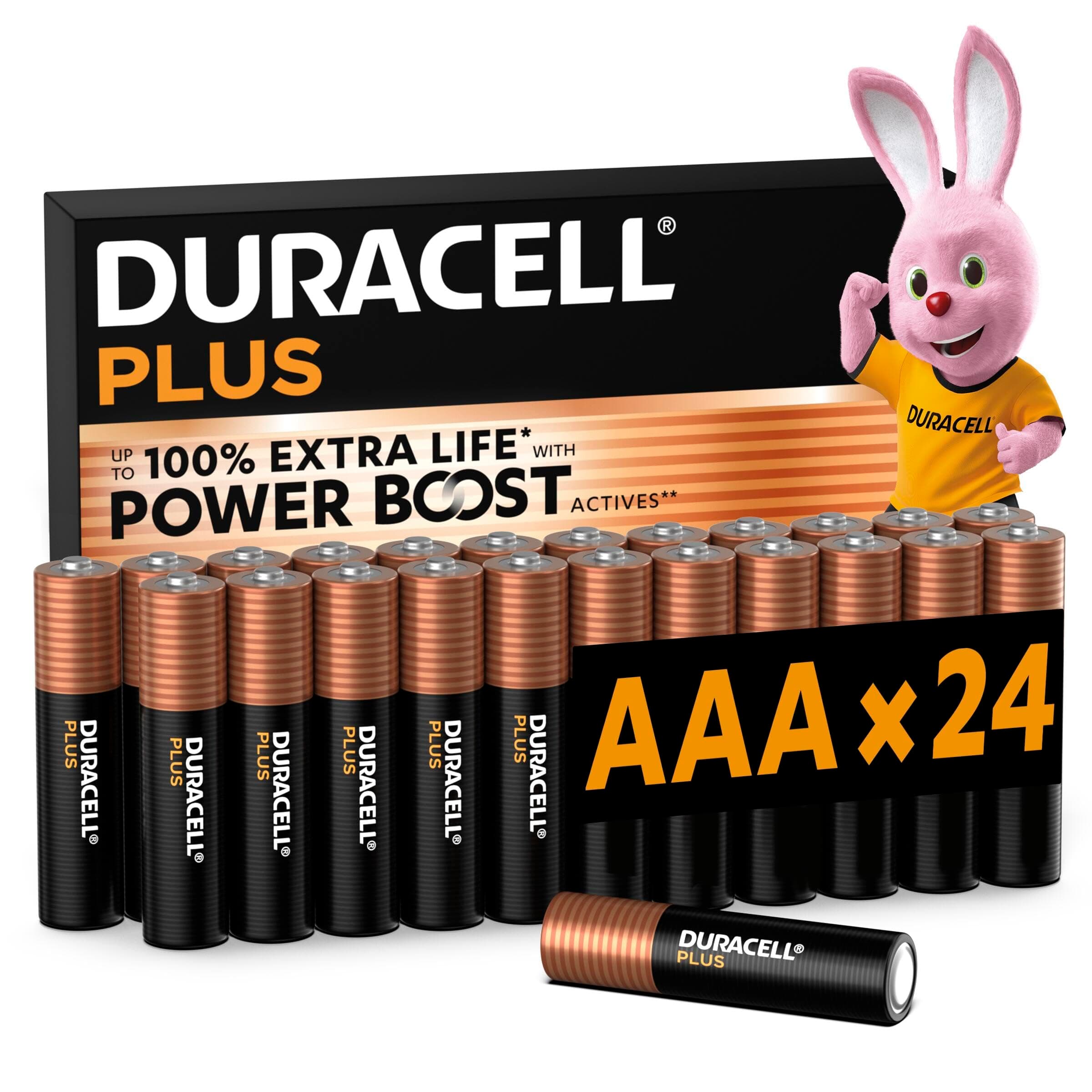DURACELL Plus Piles AAA (Lot de 24) – Piles Alcalines 1,5 V–Durent jusqu’à 100 % plus longtemps grâce aux Actifs POWER BOOST–Fiable pour vos Appareils du Quotidien–Emballage 0 % Plastique– MN2400
