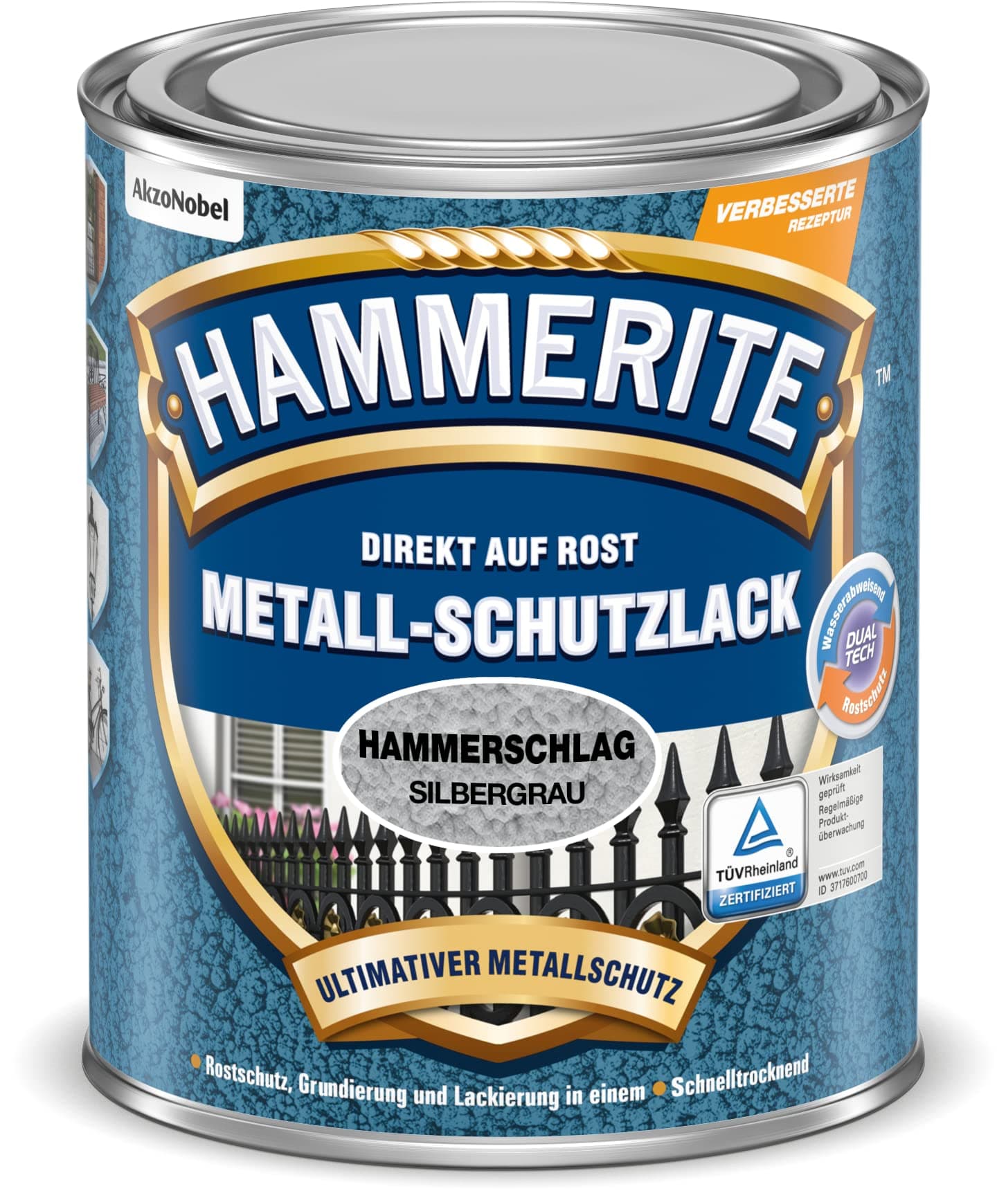 Hammerite Metallschutzlack Hammerschlag, 3in1- Rostschutz, Silbergrau, 750 ml