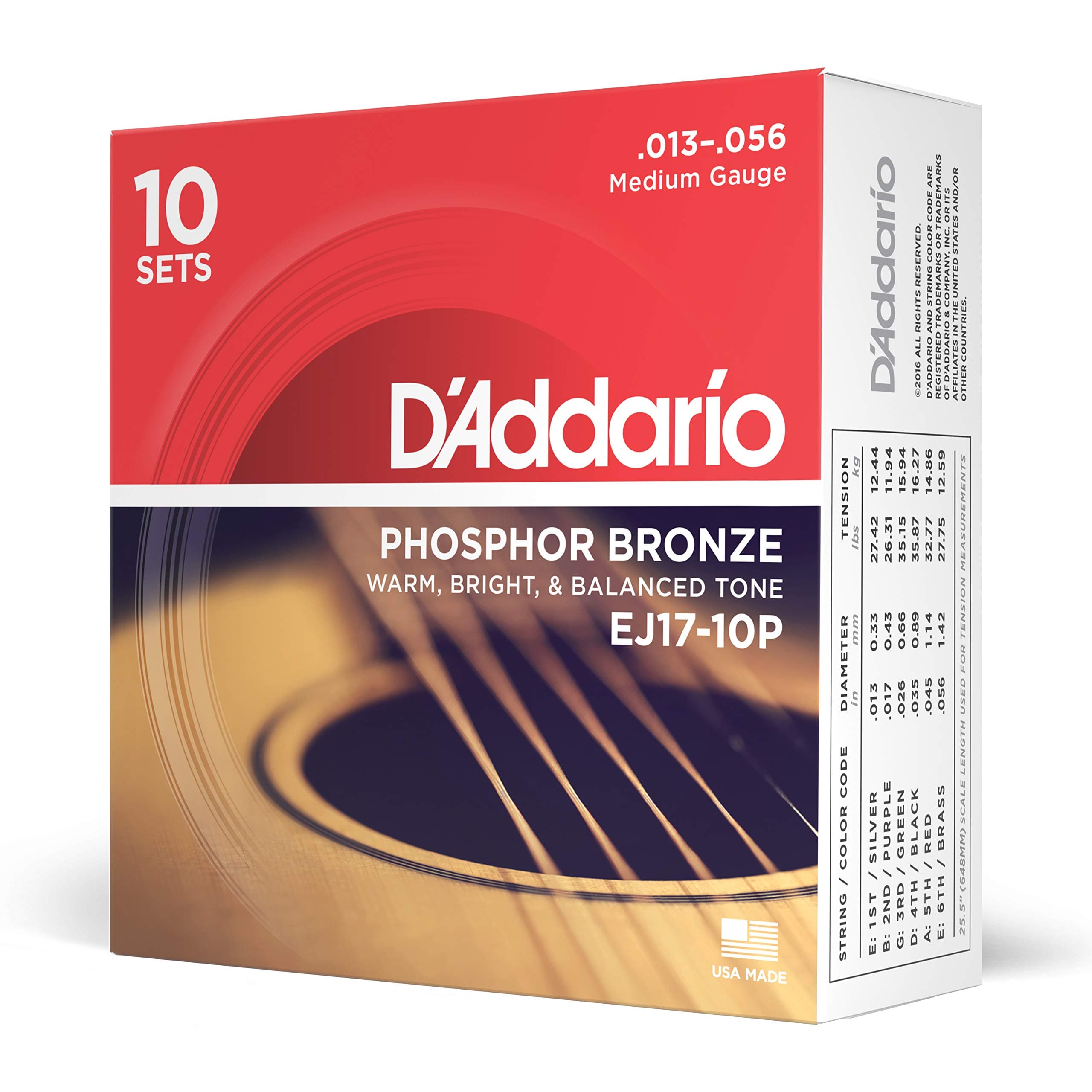 D'Addario Cuerdas Guitarra Acustica - Cuerdas de Guitarra - Cuerdas de Guitarra Acustica - EJ17-10P - Medio, 13-56 - 10-Paquete, 10-Pack, Medium, 13-56