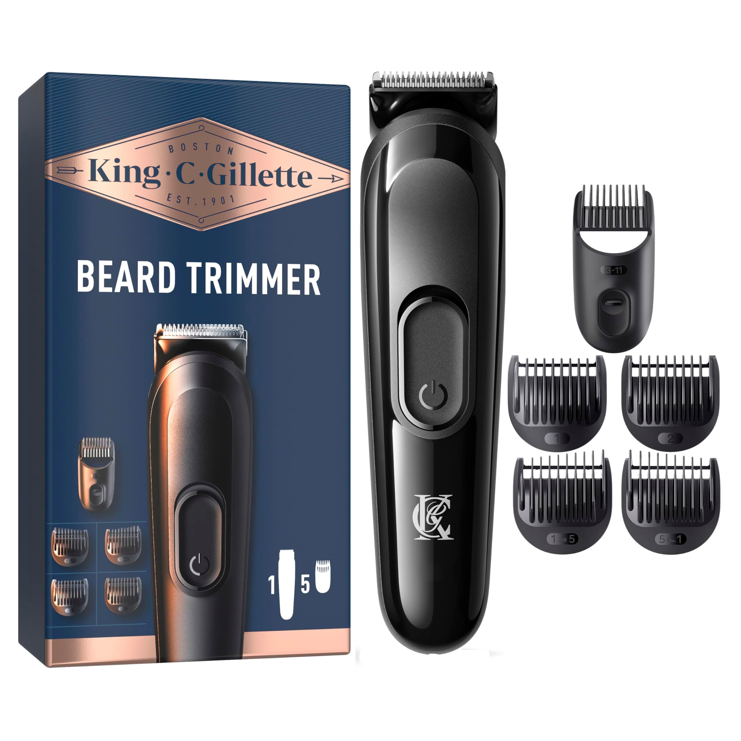 King C Gillette Regolabarba Uomo Senza Fili con 5 Pettini Intercambiabili, 1 Spazzolina Di Pulizia, Rasoio Barba Elettrico 1 Caricatore E 1 Custodia Zip
