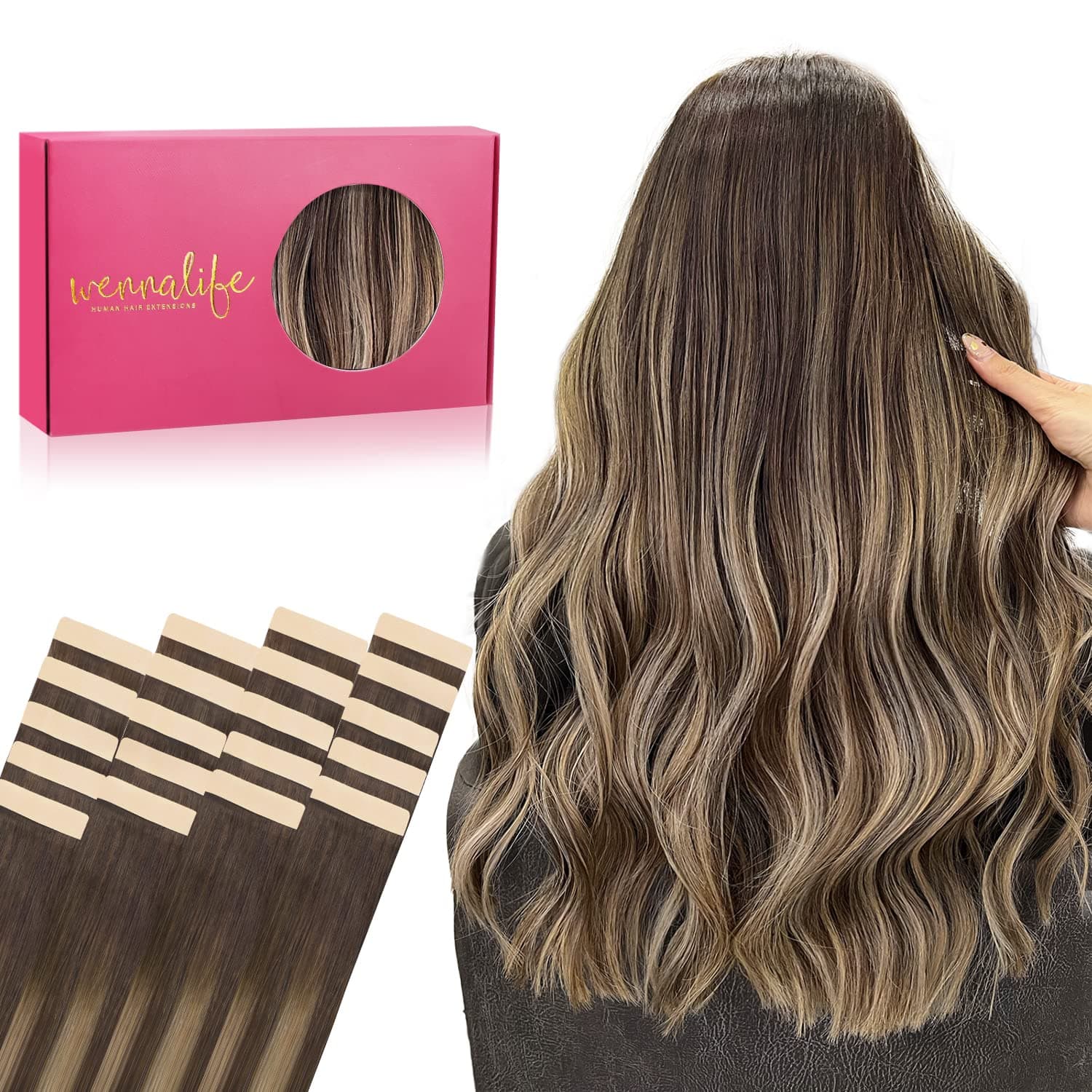 WENNALIFE Extension Capelli Veri Biadesivo, 20pz 25cm 30g Balayage Marrone Cioccolato a Biondo Miele Extension Biadesive Capelli Veri Lisci Remy Tape in Hair Extensions Capelli Setosi