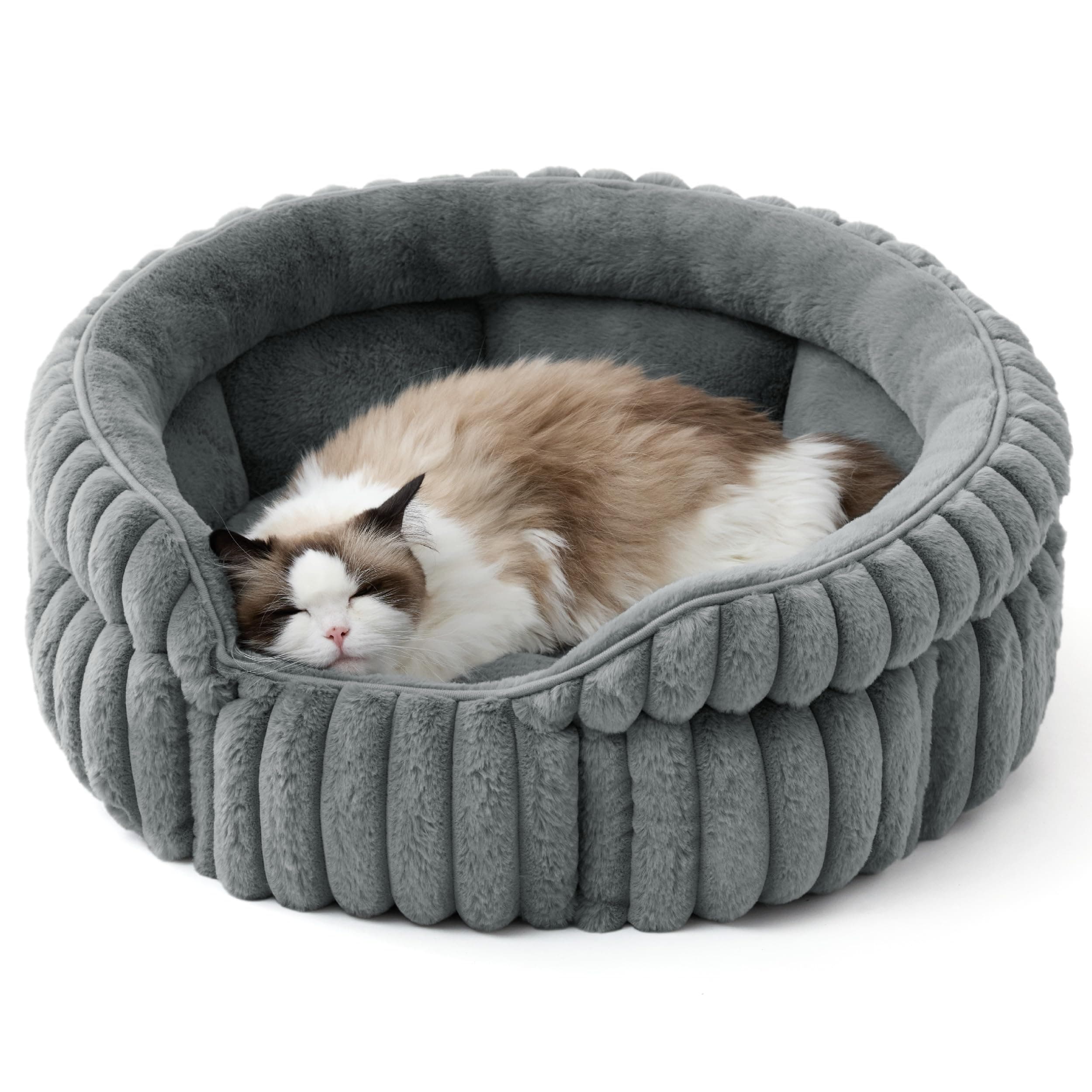 BEDSURE Flauschiges Katzenbett für Wohnungskatzen - 58 x 58 cm kleines rundes Katzenbett, waschbares großes Katzenbett für Kätzchen und Welpen mit Rutschfester Unterseite und abnehmbarem Kissen, grau