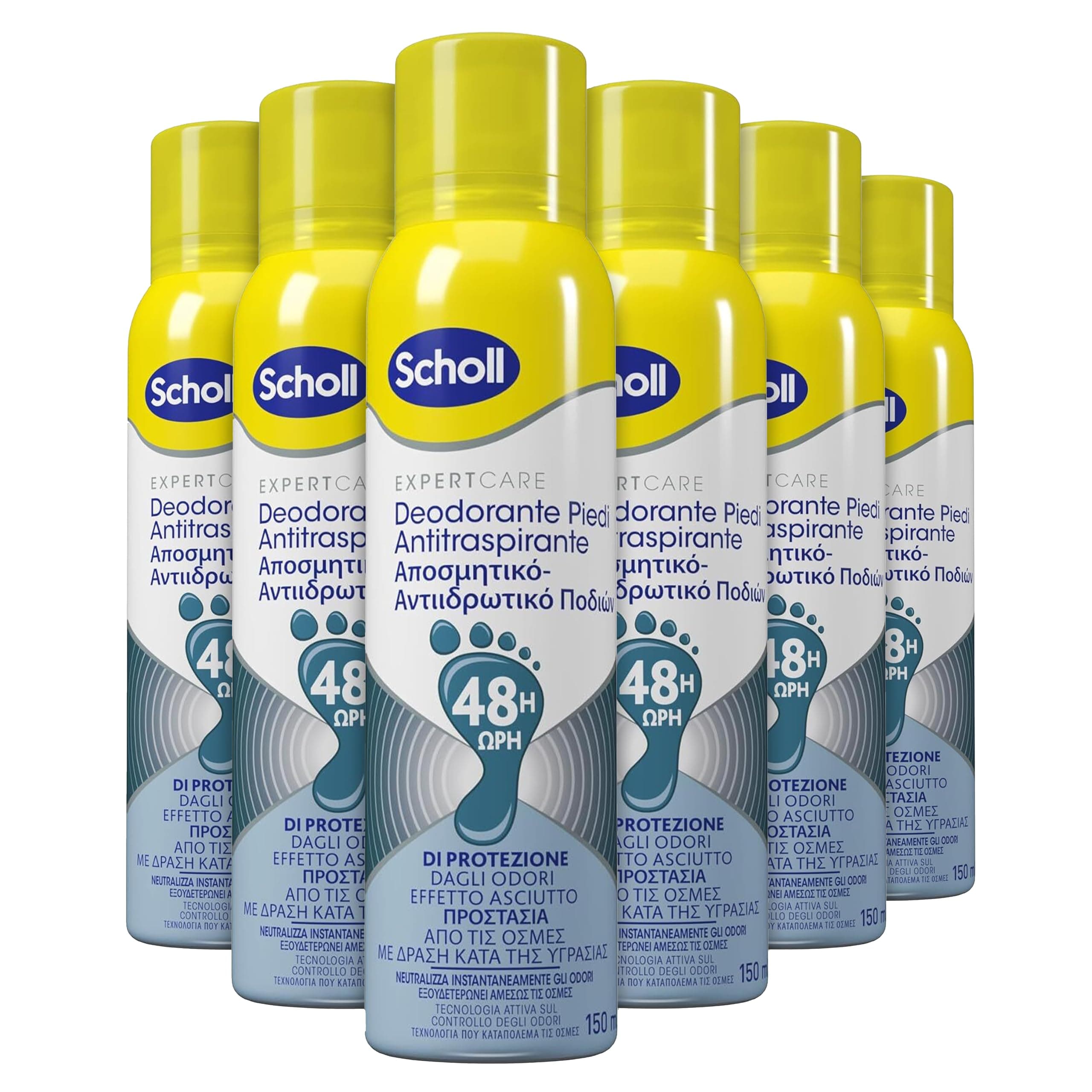 Dr. Scholl's ExpertCare, Deodorante Spray Piedi Antiodore, Elimina e Protegge dai Cattivi Odori per 48h, Sensazione di Freschezza a Lungo, 6 Flaconi da 150 ml