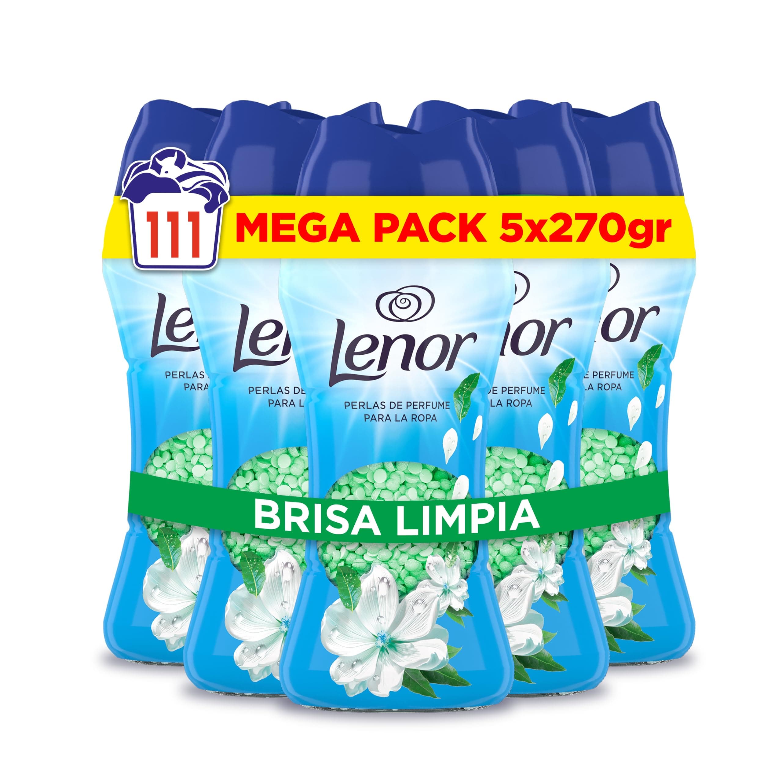 Lenor Perlas De Perfume para la Ropa, 111 Lavados (5 x 270g), Brisa Marina Y Jazmín, Edición Limitada Costa Mediterránea, Frescor Ininterrumpido Hasta 12 Semanas