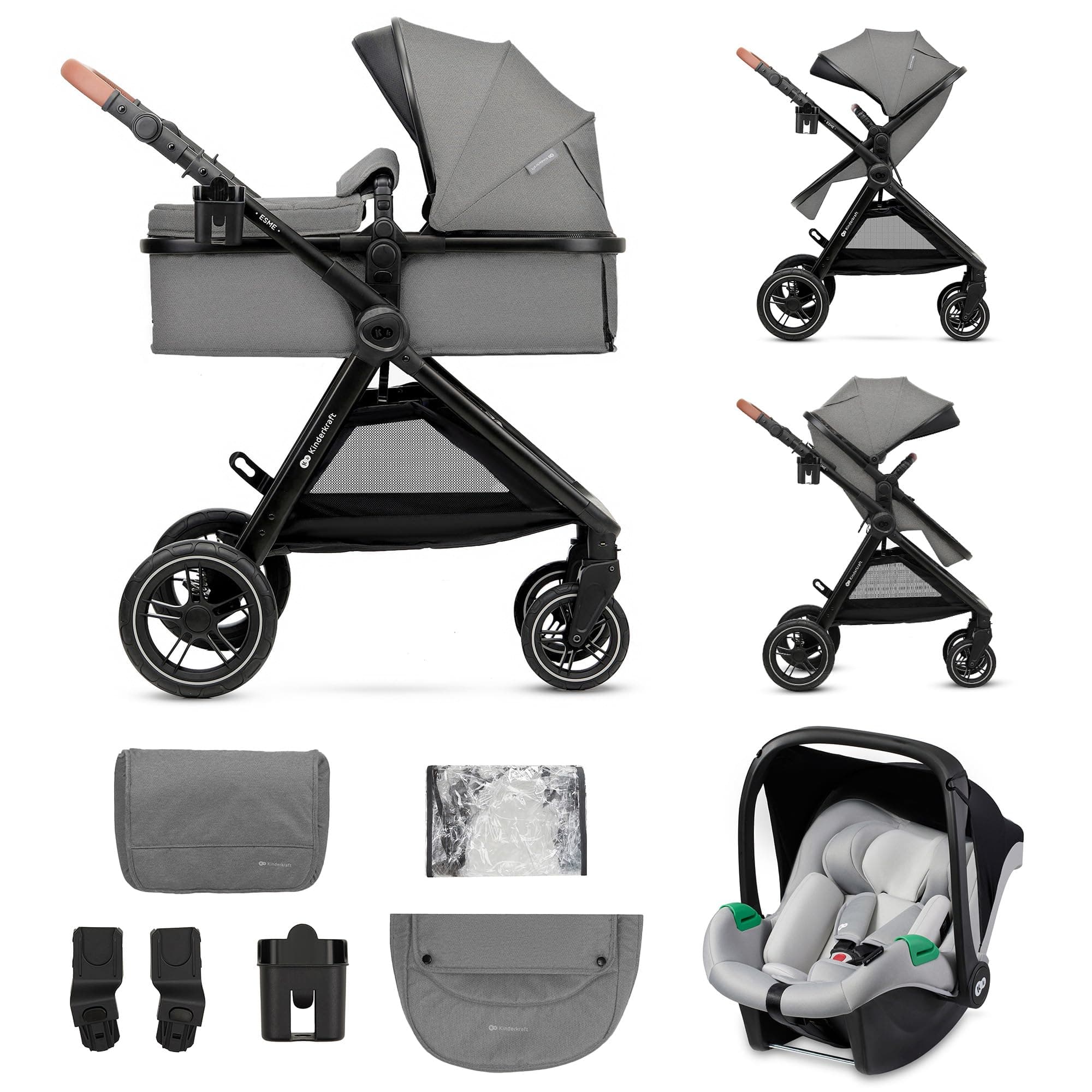 Kinderkraft ESME Poussette 3 en 1 avec porte-bébé Mink PRO I-Size, système de voyage, poussette bébé, poussette pliable, pour nouveau-né jusqu'à 4 ans, Gris