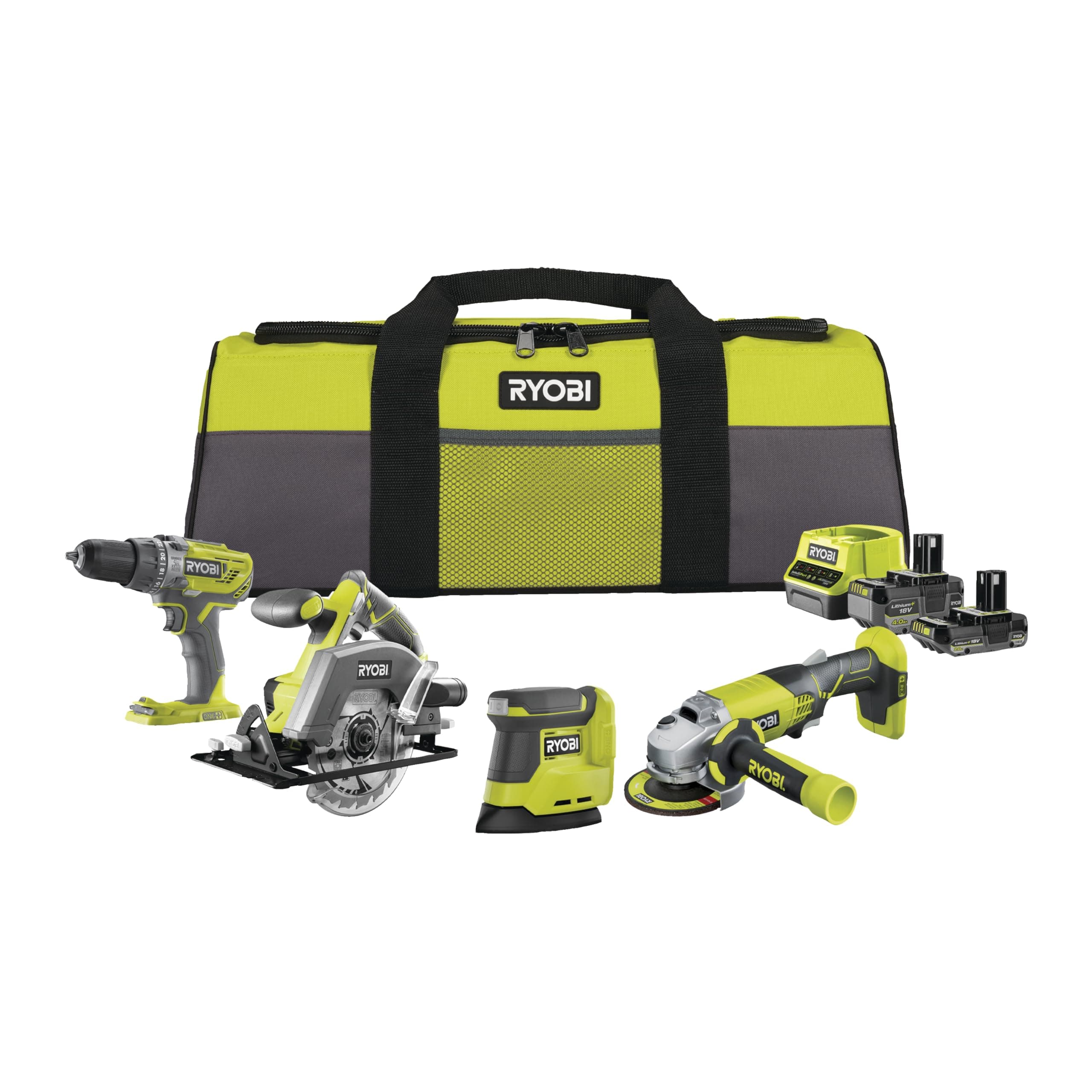 RYOBI - Kit 4 outils 18V ONE+ : Perceuse percussion, Meuleuse, Ponceuse triangulaire, Scie circulaire - livré avec 1 batterie 4Ah, 1 batterie 2Ah, un chargeur, et 1 grand sac - RCK184O-242SZL