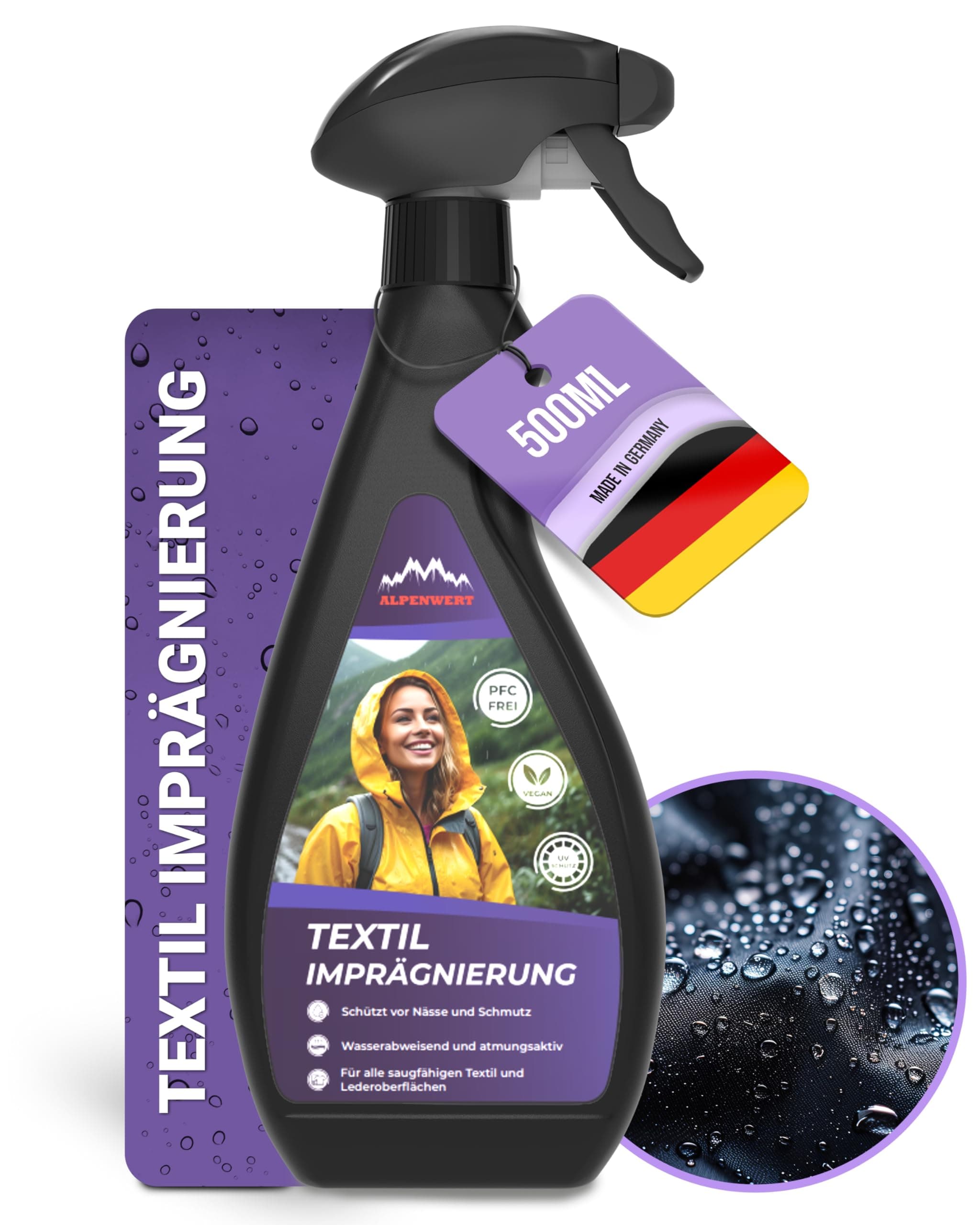Alpenwert Textil Imprägnierung 500ml [LANGZEIT-ABPERL-Schutz] Made in Germany für Textilien Outdoor, Schuhe, Skibekleidung, Zelte UVM. Outdoor (500ml)