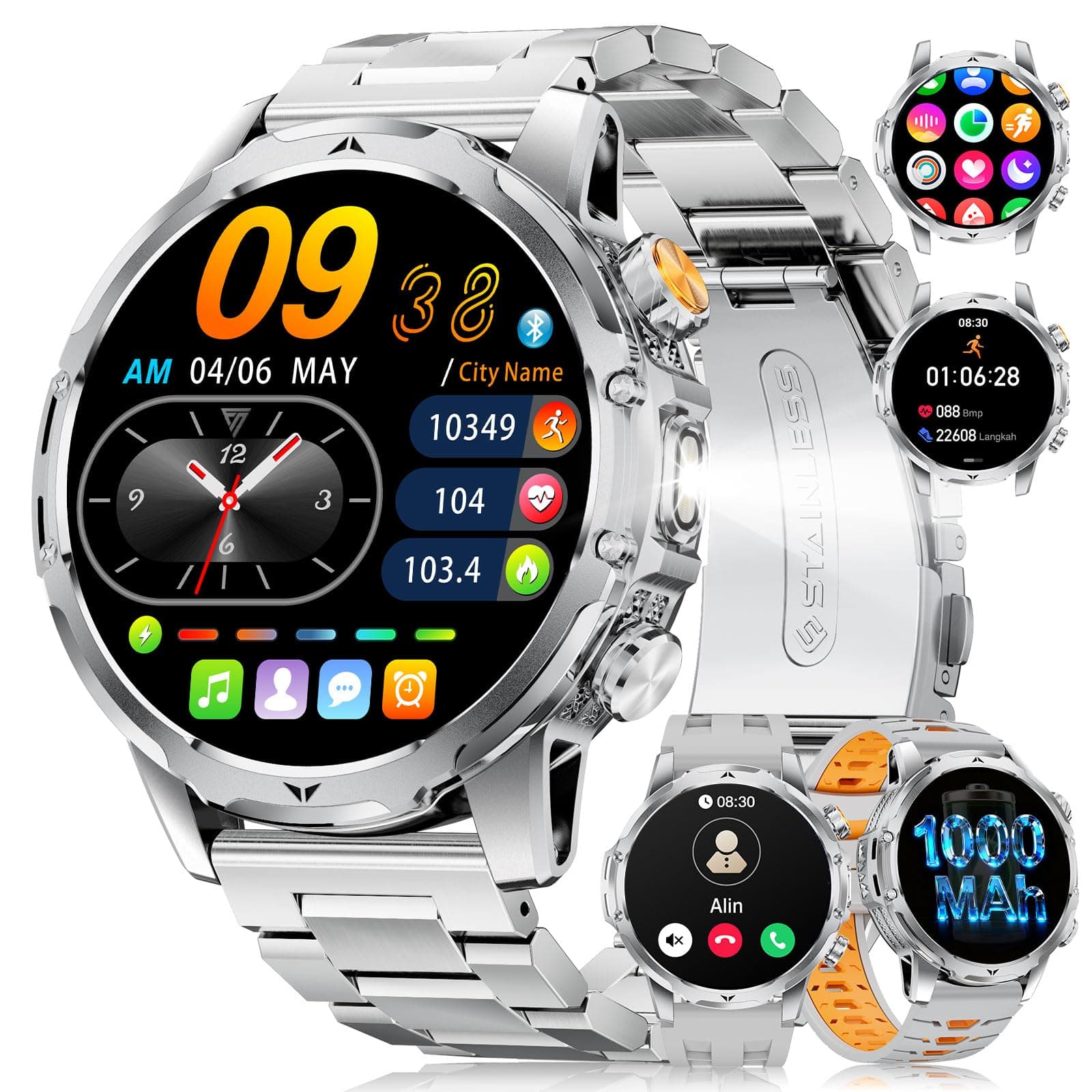 Reloj Inteligente Hombre Militar LED Linterna/1000mAh Batería/3 Correas, 1.53"Smartwatch Hombre con Llamadas, 120+ Modos Deportivos, 5ATM Impermeable Pulsómetro Podómetro Android iOS Plata