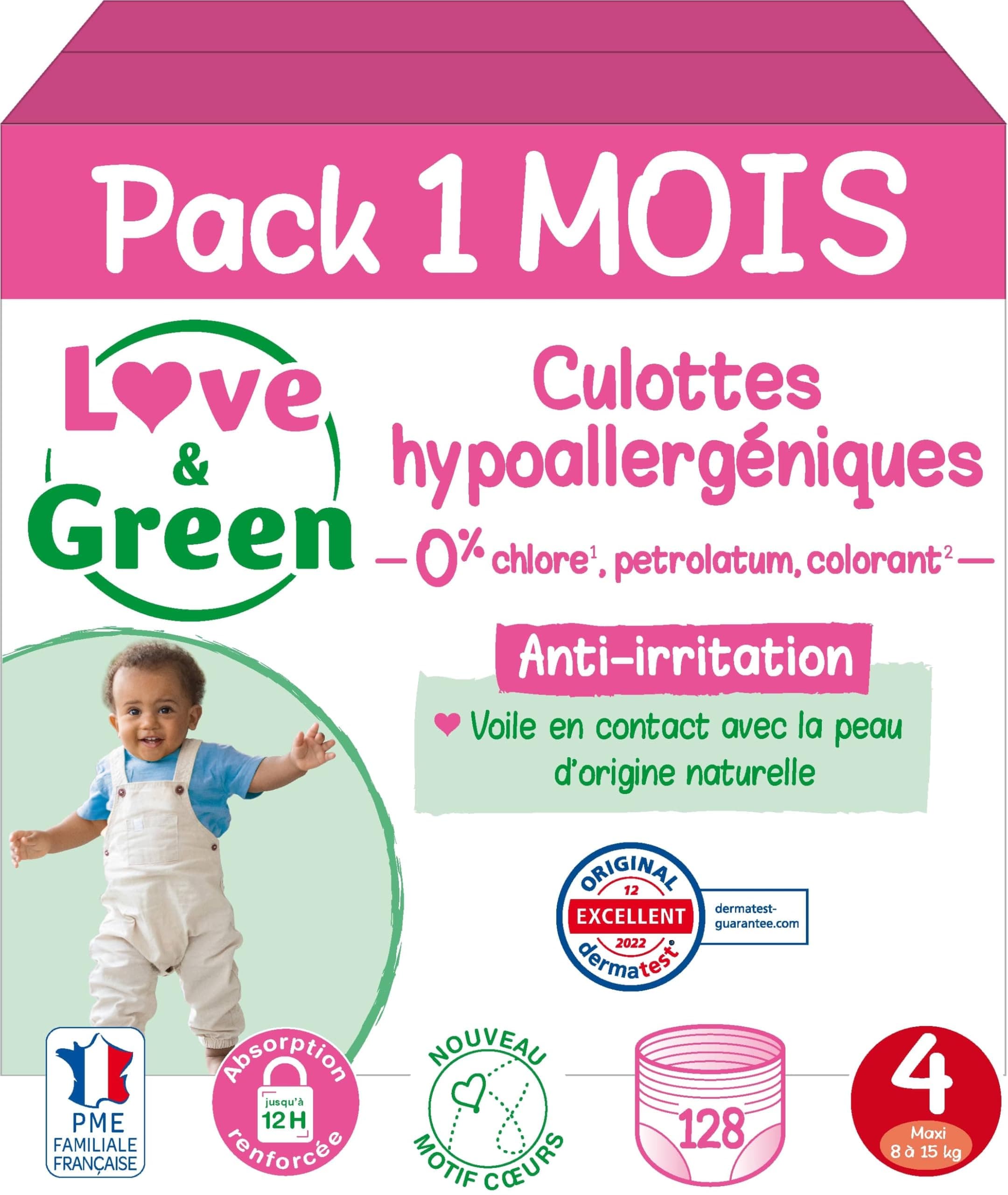 Love & Green - Couches Culottes (Pants) Saines et Ecologiques Taille 4 (8-15 kg) Pack 1 Mois (128 Culottes) - Absorbante, anti-fuites et sans ingrédients indésirables
