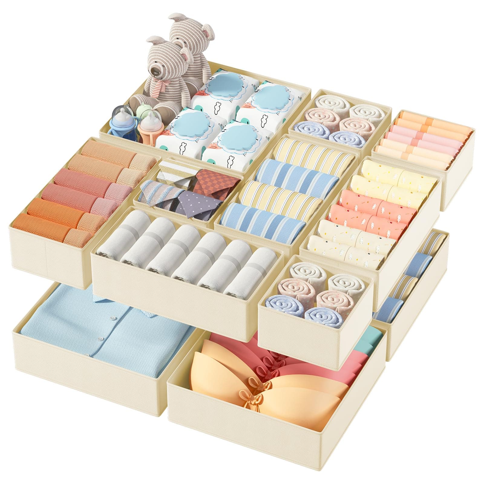 DIMJ Organizador Cajones Juego de 12 Cajas Almacenaje Plegables de Tela Para Guardar Ropa, Organizadores de Cajones No Tejidos, Calcetines, Ropa Interior, Beige Sólido