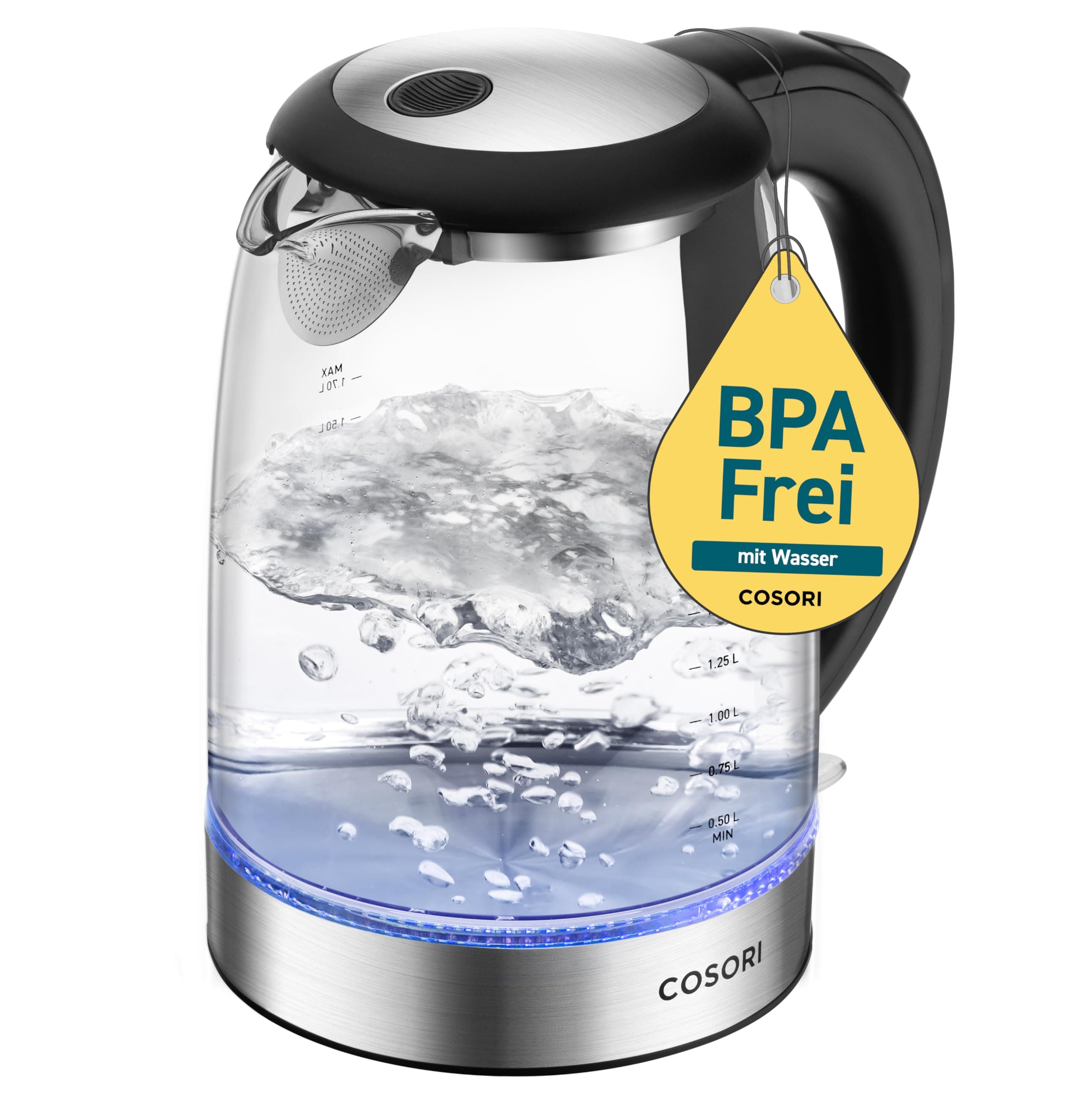 COSORI Glas Wasserkocher 1,7 L, kocht in 2 Minuten, wasserberührende Teile plastikfrei, 304er Edelstahl-Kalkfilter, 2200 W, Überhitzungsschutz, 360° drehbarer Sockel, Schwarz